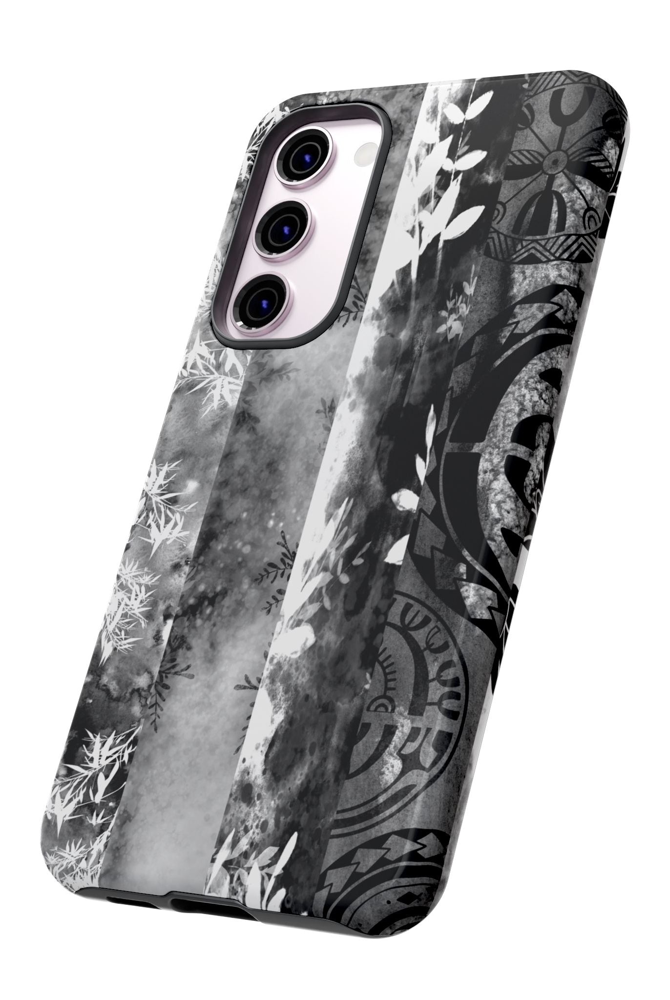 Monochrome Oasis Tough Samsung Galaxy Case Detail View - Hawaiian Black White Botanical Tribal Design Close Up - The Local Banyan