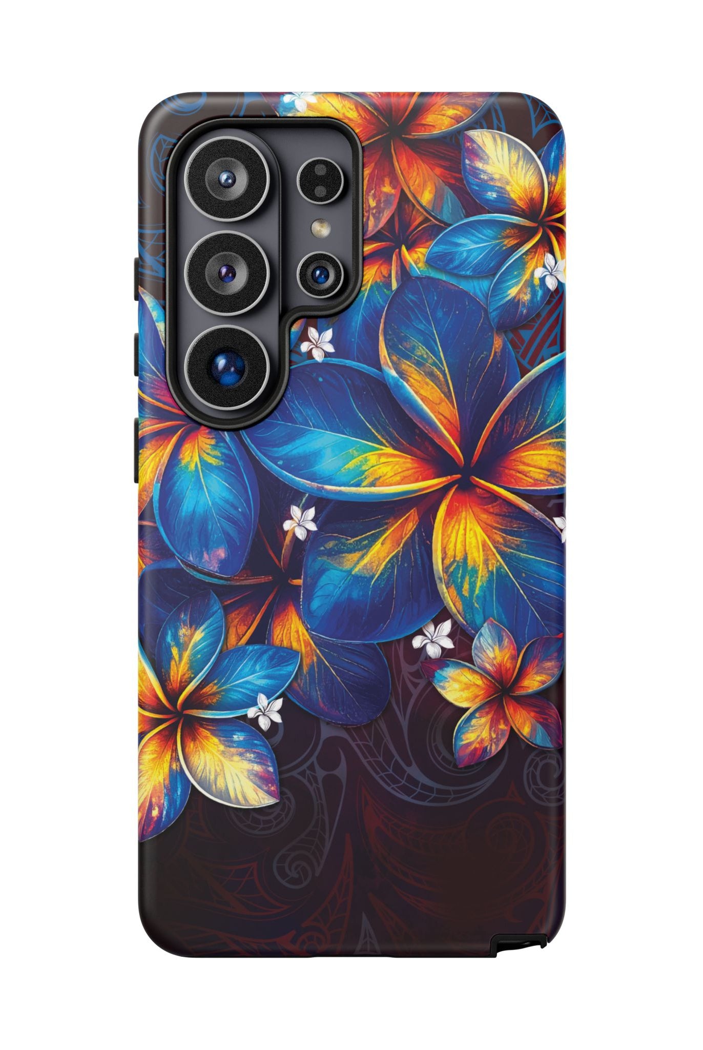 Nohea Twilight Tough Samsung Galaxy Case Detail View - Hawaiian Blue Orange Plumeria Twilight Design Close Up - The Local Banyan