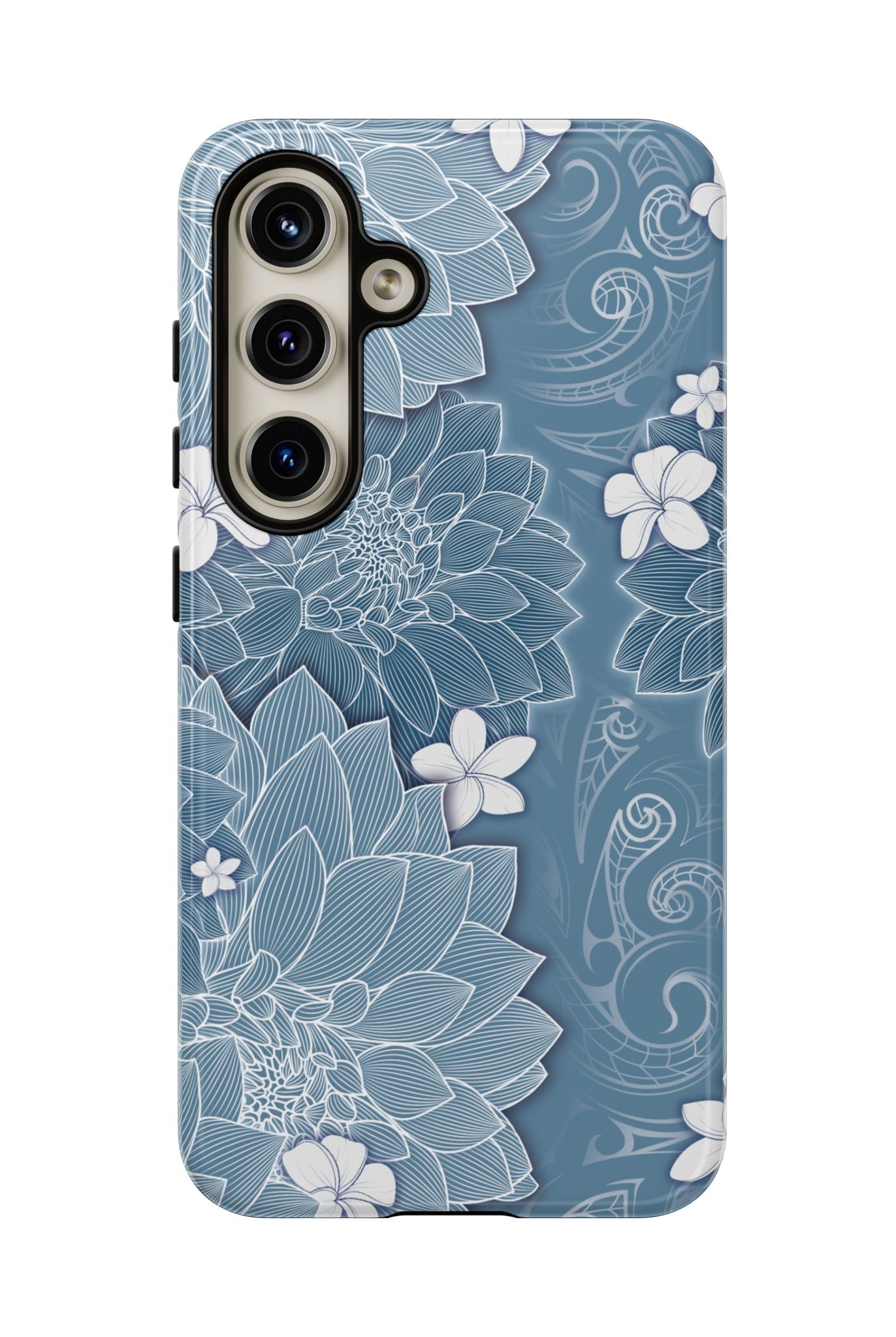 Woman holding Pua La Tough Samsung Galaxy Case - Hawaiian Golden Hibiscus Sun Flower Sapphire Design - The Local Banyan