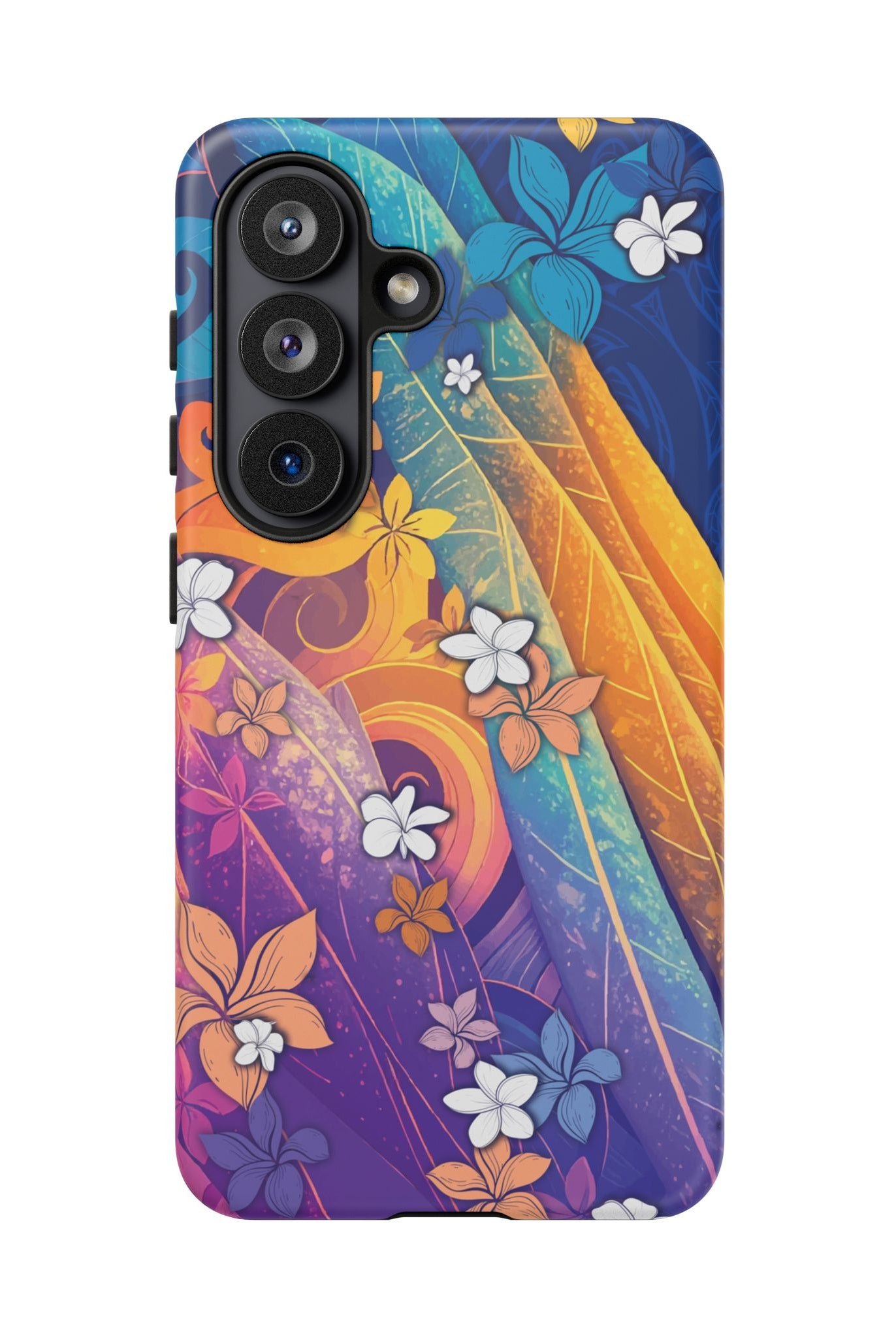 Woman holding Mauna Sunrise Tough Samsung Galaxy Case - Hawaiian Colorful Sunrise Plumeria Design - The Local Banyan