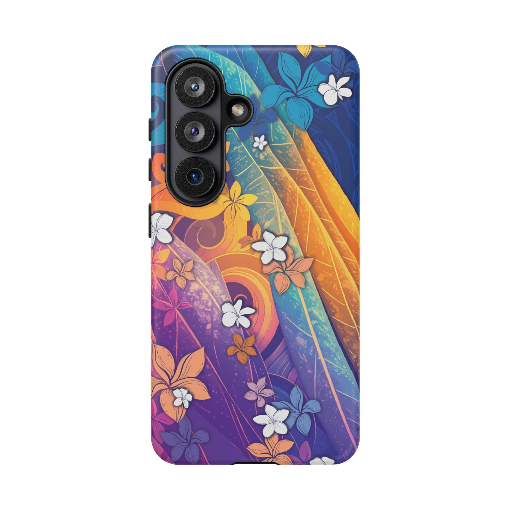 Woman holding Mauna Sunrise Tough Samsung Galaxy Case - Hawaiian Colorful Sunrise Plumeria Design - The Local Banyan