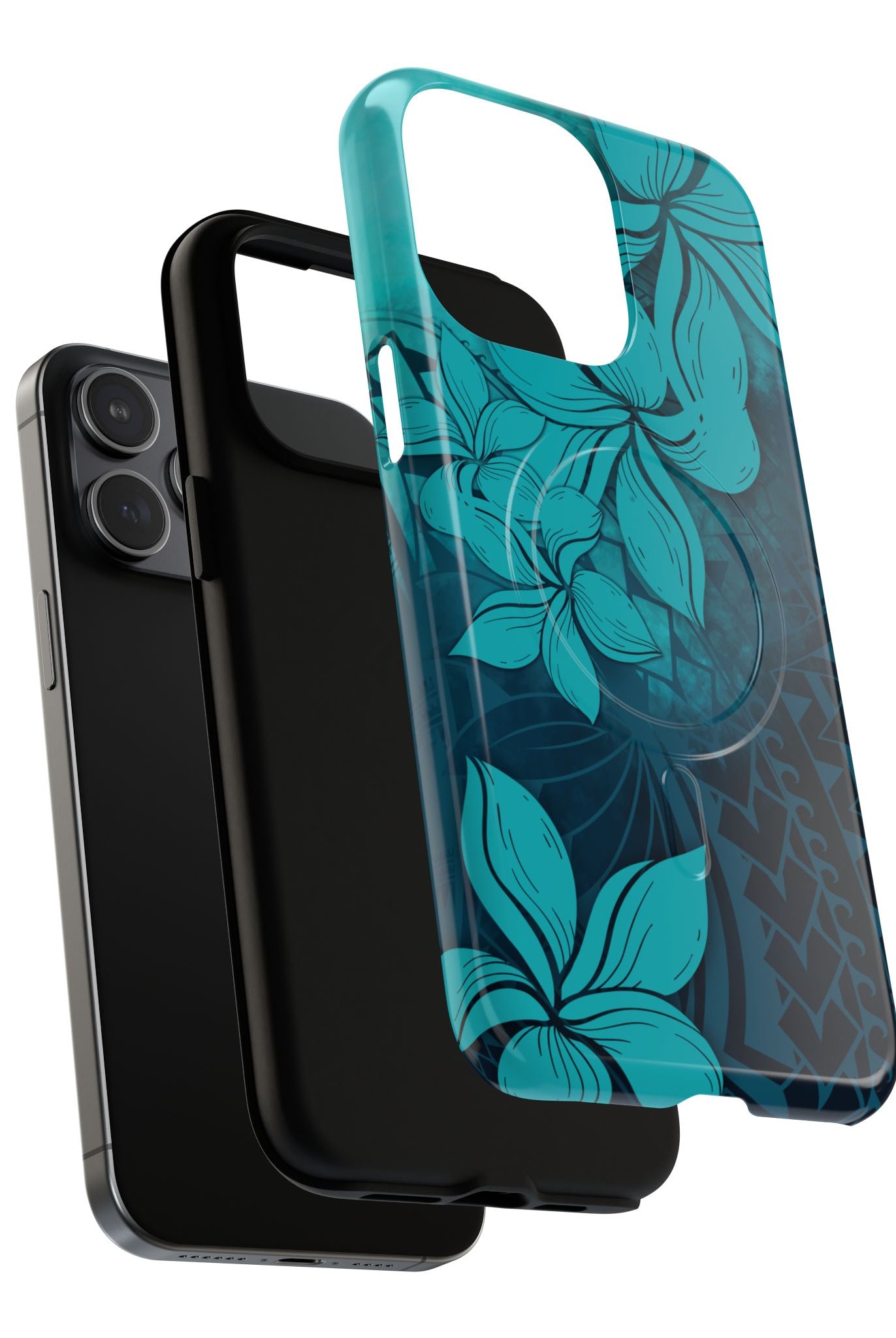 Woman holding Moana Bloom MagSafe iPhone Case - Hawaiian Teal Plumeria Ocean Tribal Design - The Local Banyan