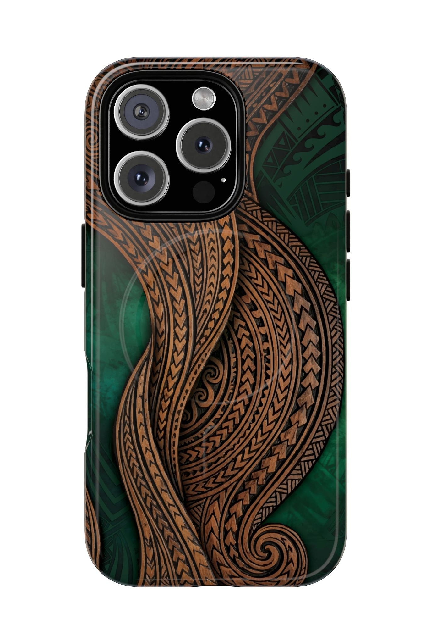 Island Kalai MagSafe iPhone Case iPhone 16 Pro Glossy - Hawaiian Carved Wood Grain Emerald Green Tribal Design - The Local Banyan
