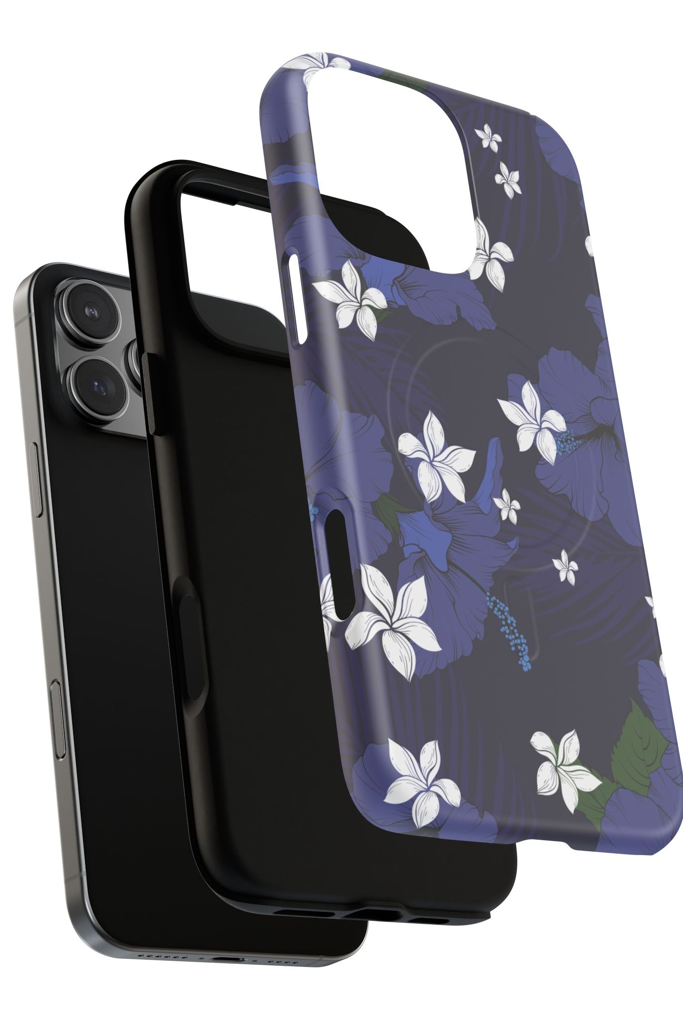 Woman holding Vintage Blue MagSafe iPhone Case - Hawaiian Indigo Hibiscus White Plumeria Design - The Local Banyan
