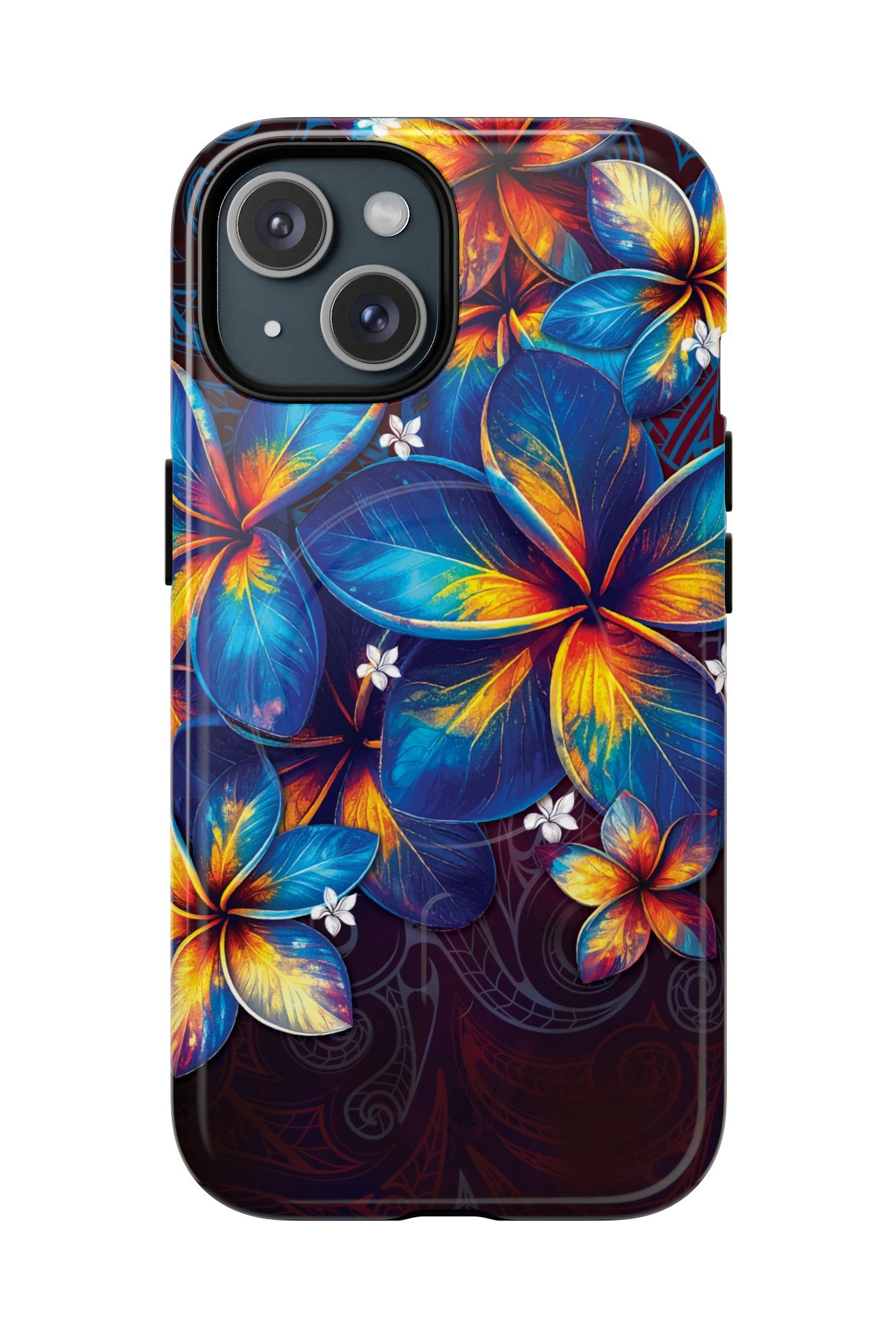 Nohea Twilight MagSafe iPhone Case iPhone 15 Glossy - Hawaiian Blue Orange Plumeria Twilight Design - The Local Banyan