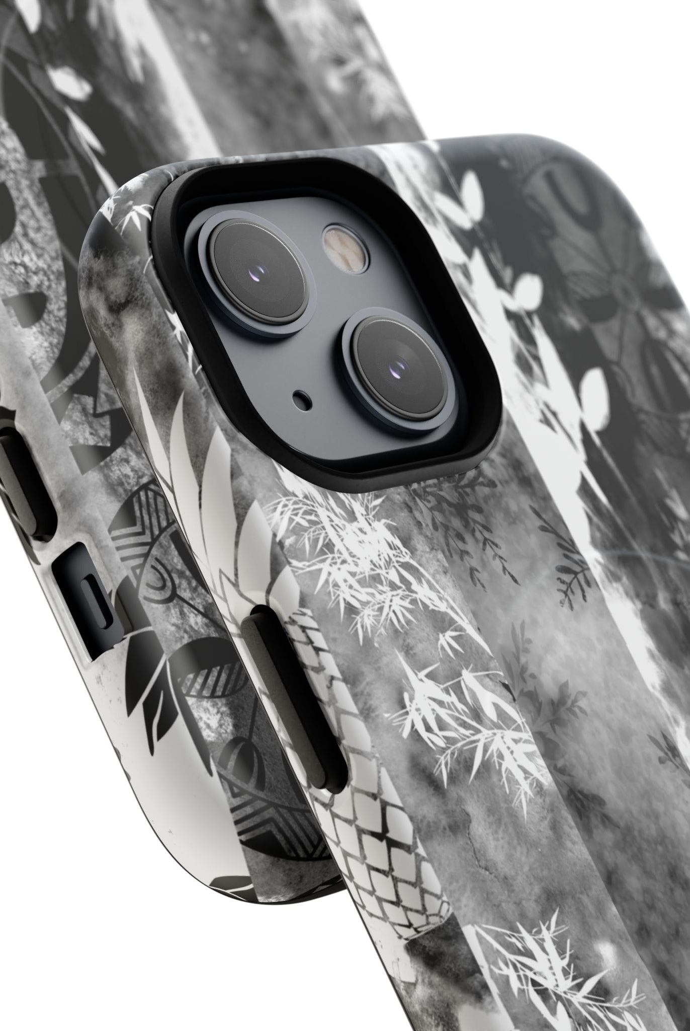 Monochrome Oasis MagSafe iPhone Case Detail View - Hawaiian Black White Botanical Tribal Design Close Up - The Local Banyan