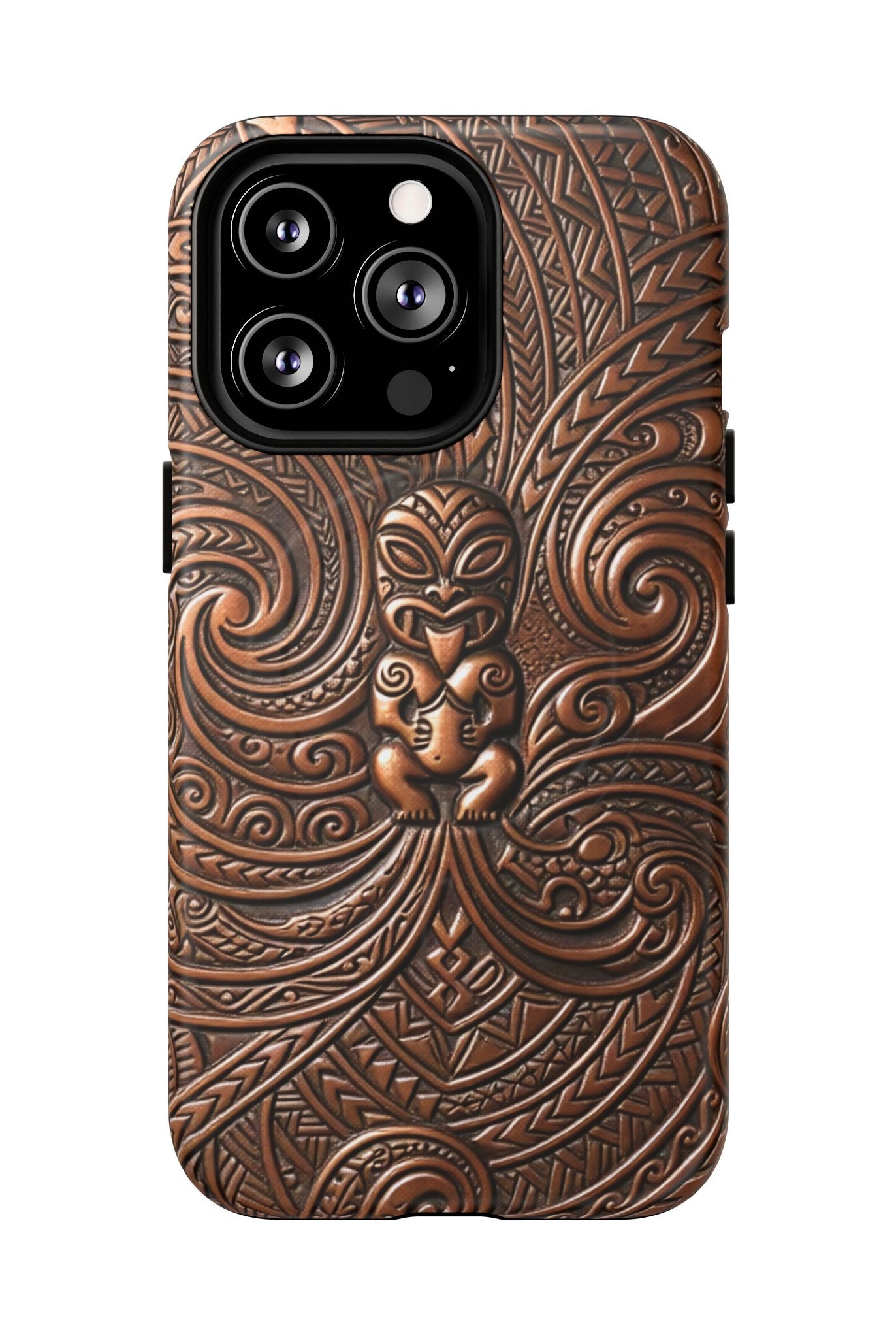 Paa Guardian MagSafe iPhone Case Detail View - Hawaiian Copper Carved Tiki Polynesian Design Close Up - The Local Banyan