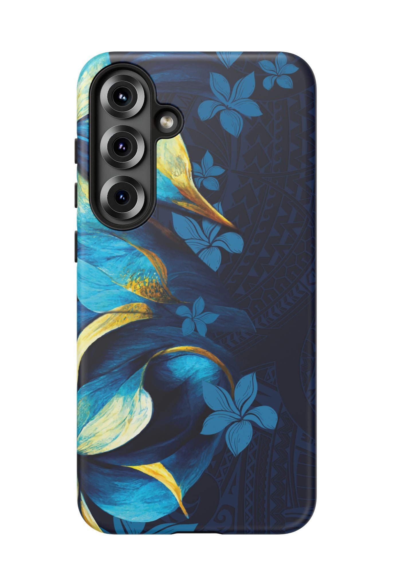 Woman holding Po Mahina Tough Samsung Galaxy Case - Hawaiian Moonlit Teal Gold Floral Design - The Local Banyan