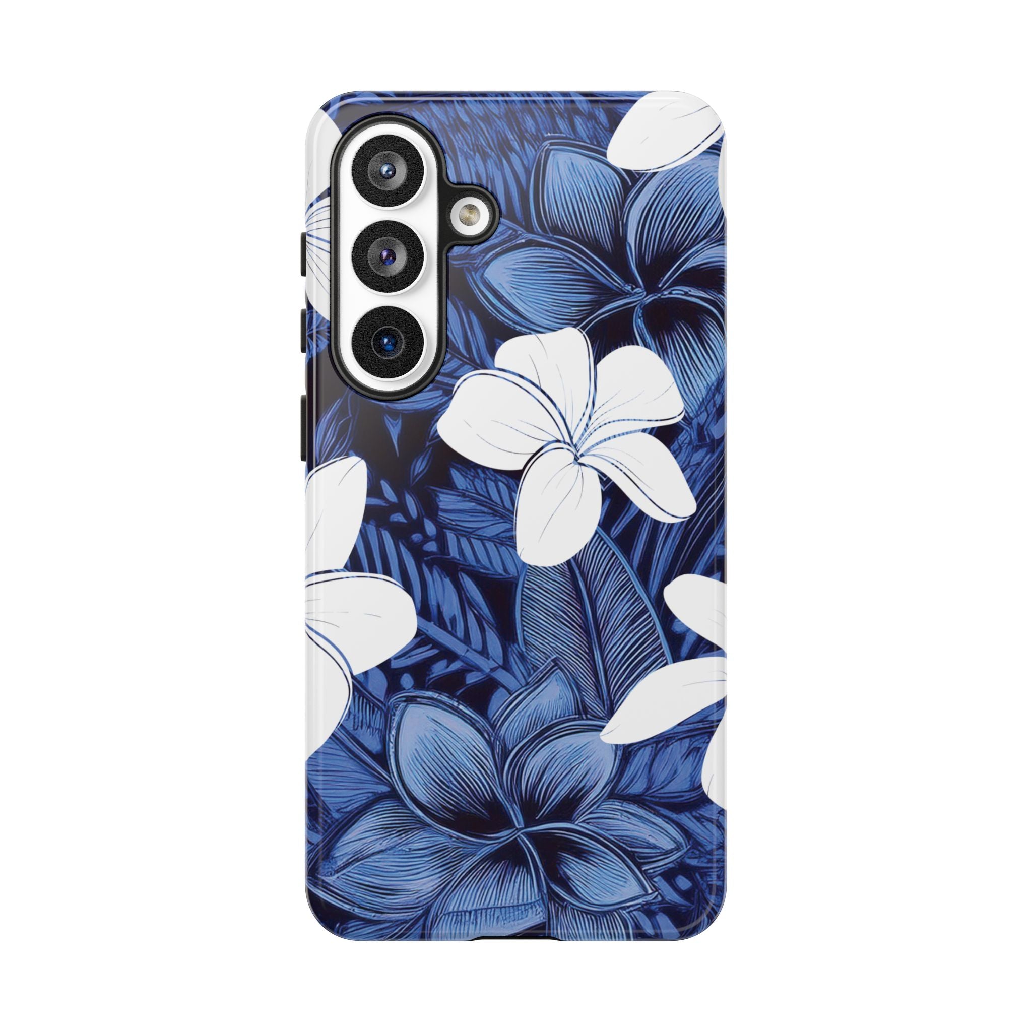 Eternal Blue Plumeria Tough Samsung Galaxy Case Detail View - Hawaiian Blue Plumeria Ocean Floral Design Close Up - The Local Banyan