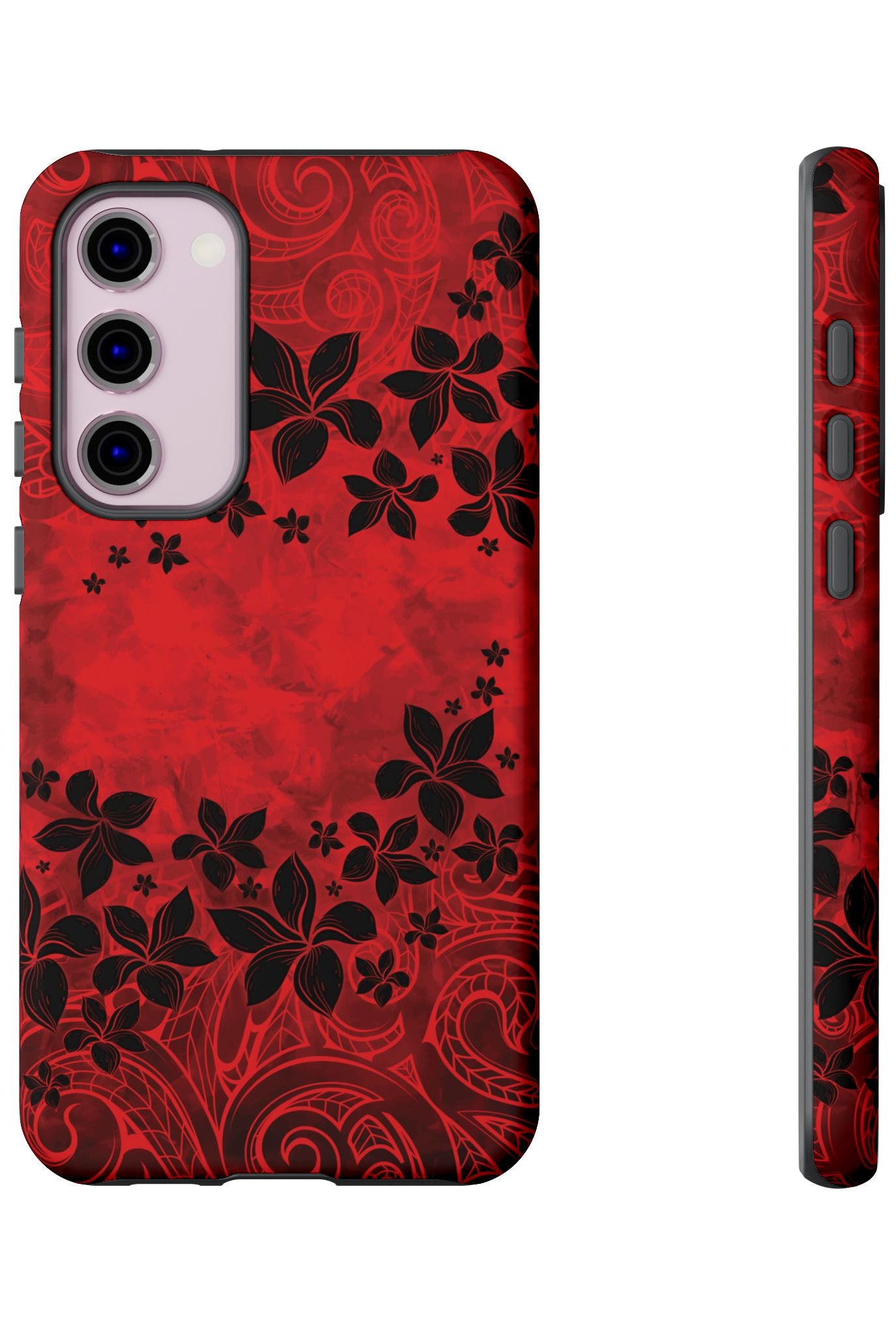 Woman holding Keahi Pua Tough Samsung Galaxy Case - Hawaiian Fire Flower Red Tribal Floral Design - The Local Banyan