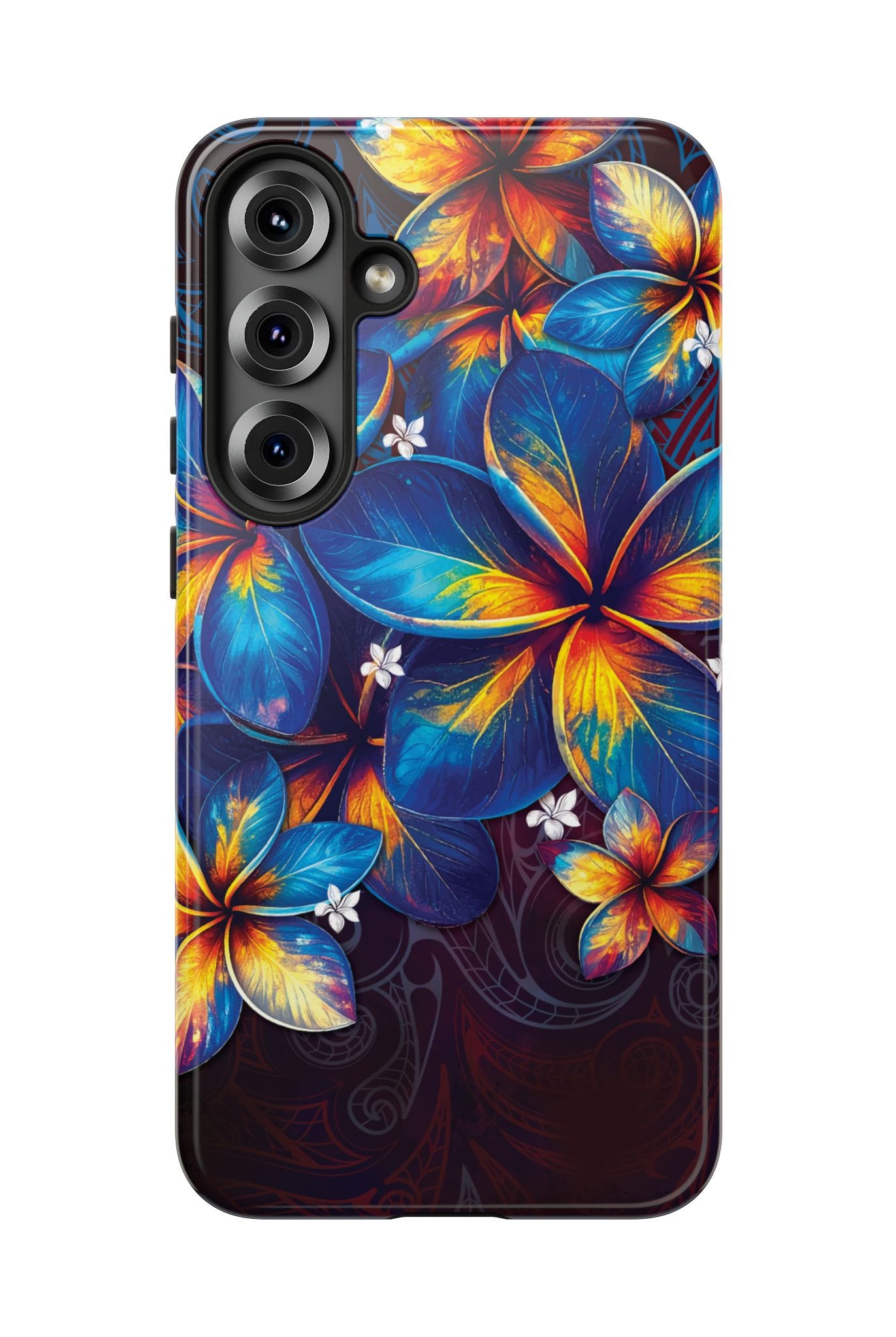 Woman holding Nohea Twilight Tough Samsung Galaxy Case - Hawaiian Blue Orange Plumeria Twilight Design - The Local Banyan