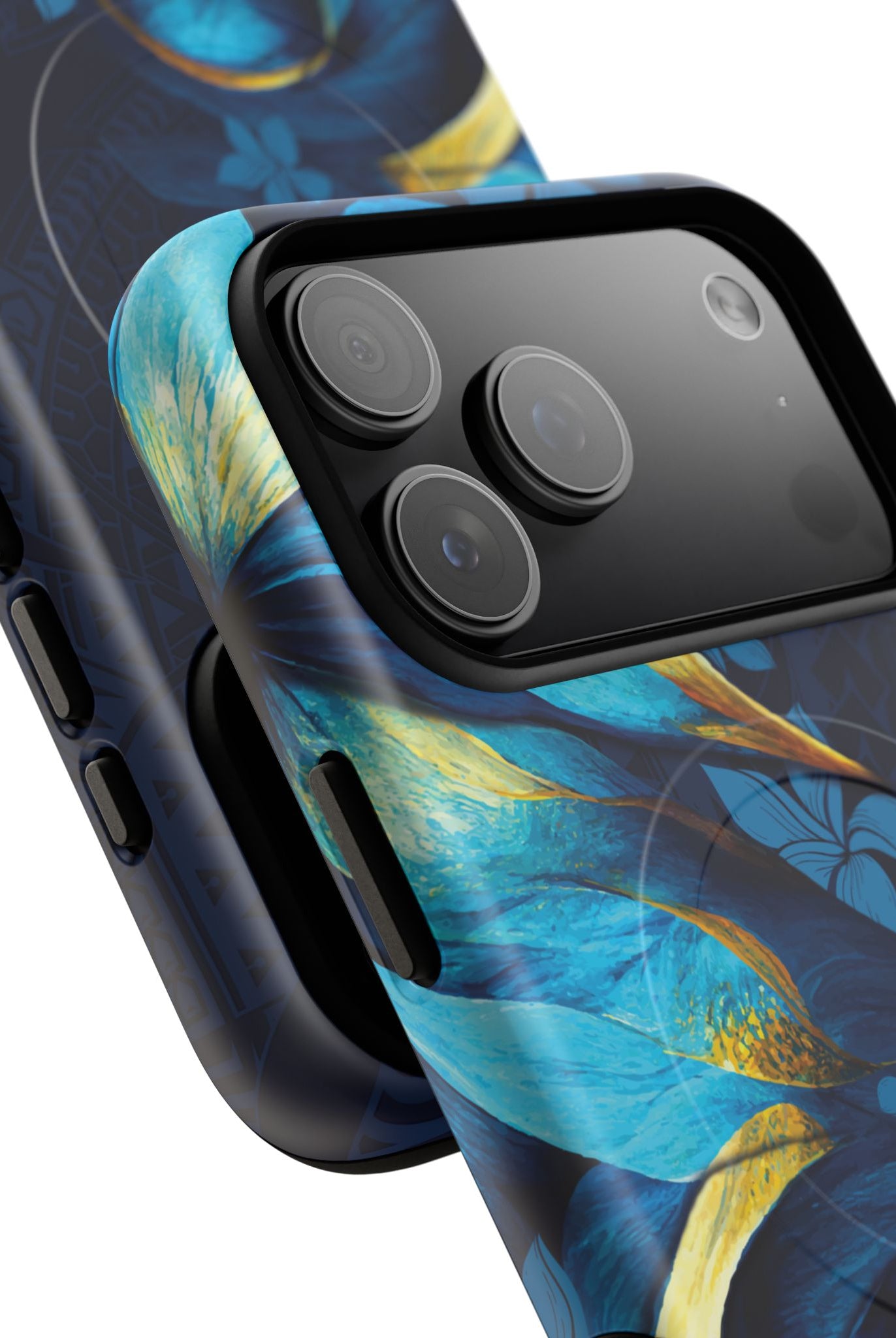 Woman holding Po Mahina MagSafe iPhone Case - Hawaiian Moonlit Teal Gold Floral Design - The Local Banyan