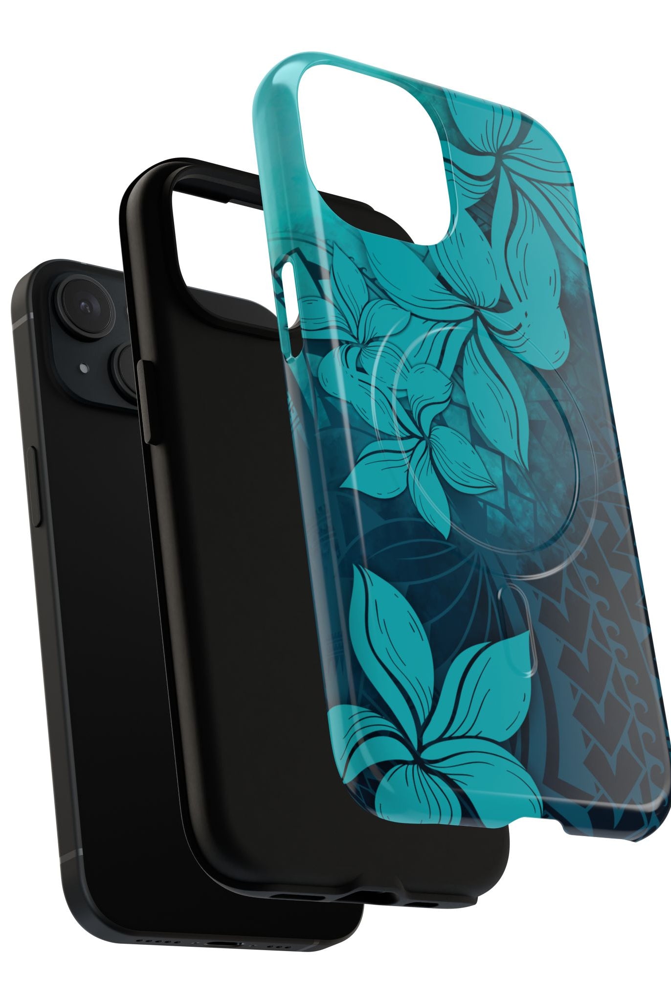 Woman holding Moana Bloom MagSafe iPhone Case - Hawaiian Teal Plumeria Ocean Tribal Design - The Local Banyan