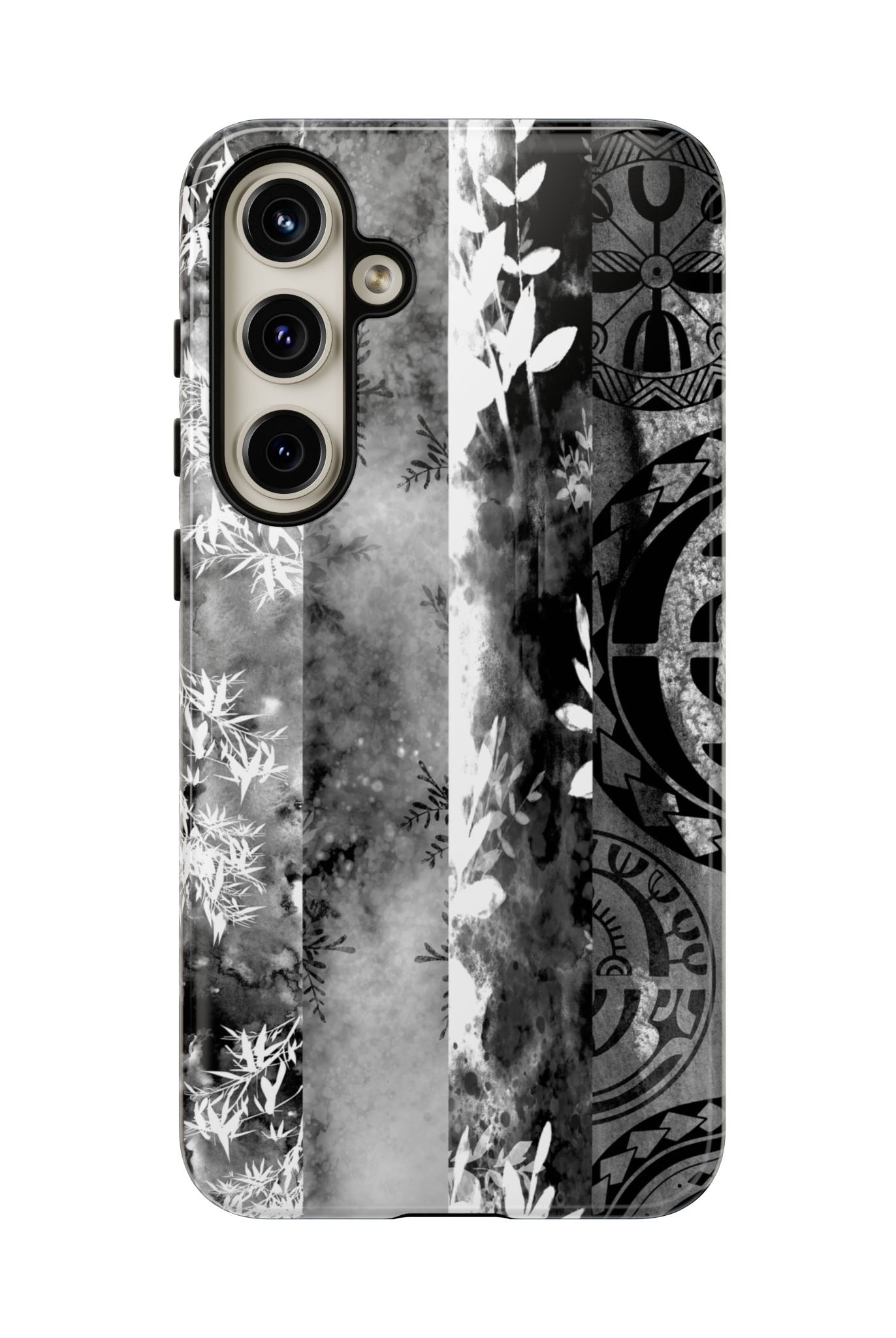 Monochrome Oasis Tough Samsung Galaxy Case Detail View - Hawaiian Black White Botanical Tribal Design Close Up - The Local Banyan