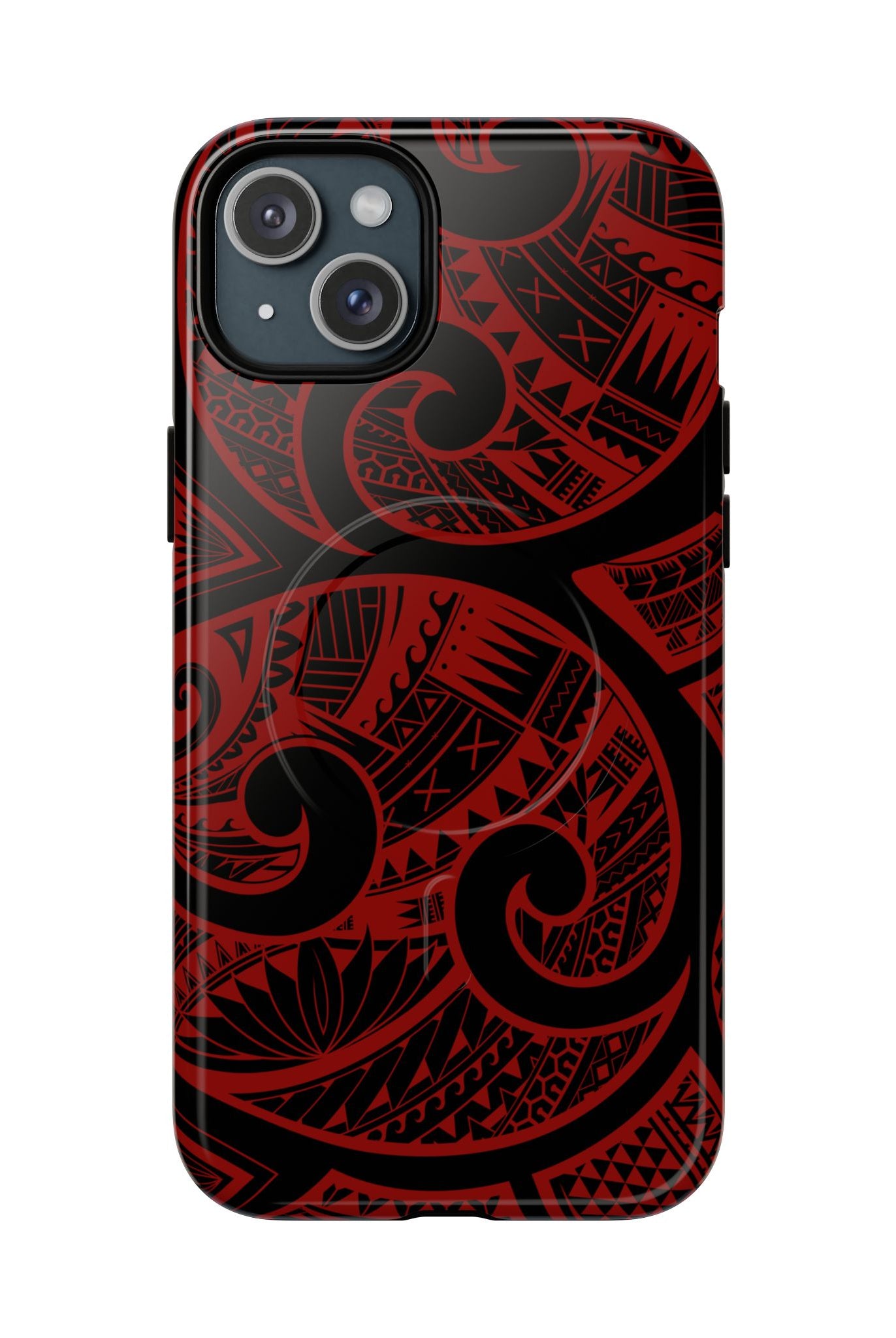 Island Tribal MagSafe iPhone Case iPhone 15 Plus Glossy - Hawaiian Crimson Red Polynesian Tribal Design - The Local Banyan