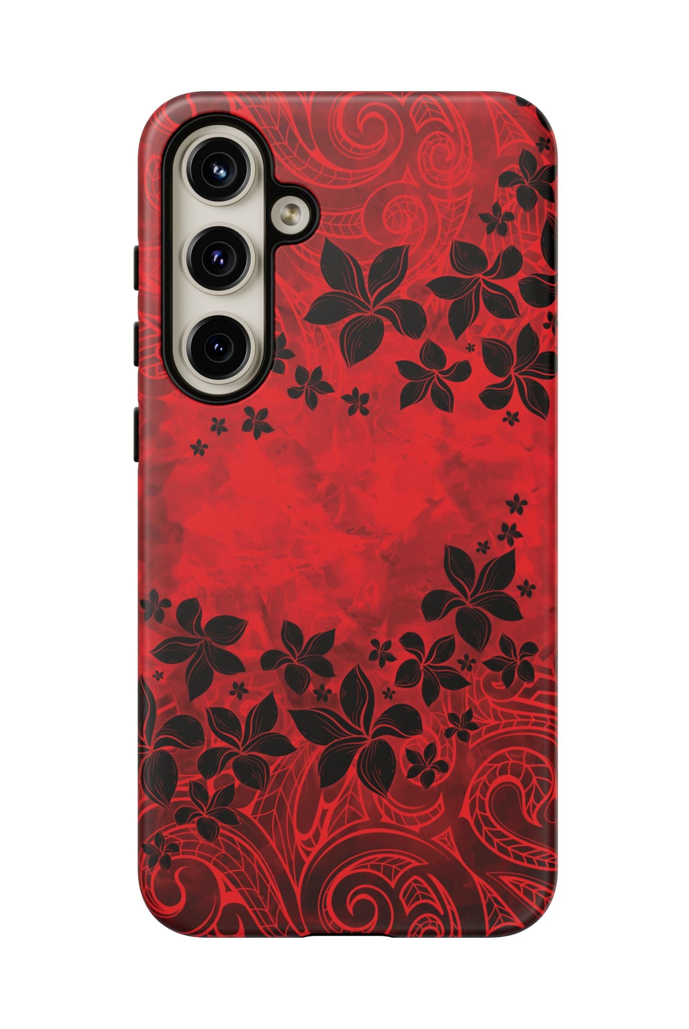Woman holding Keahi Pua Tough Samsung Galaxy Case - Hawaiian Fire Flower Red Tribal Floral Design - The Local Banyan