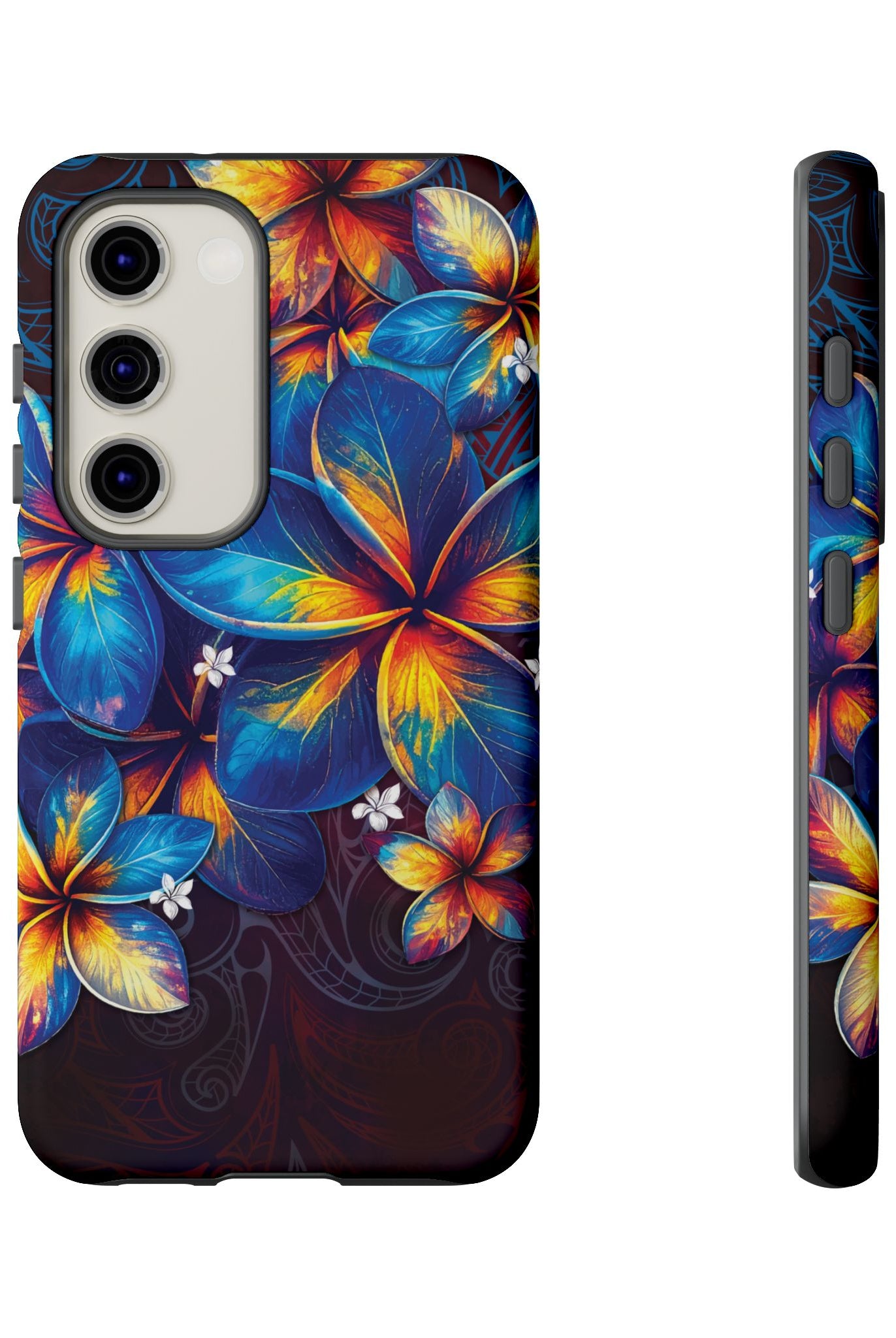 Nohea Twilight Tough Samsung Galaxy Case Detail View - Hawaiian Blue Orange Plumeria Twilight Design Close Up - The Local Banyan