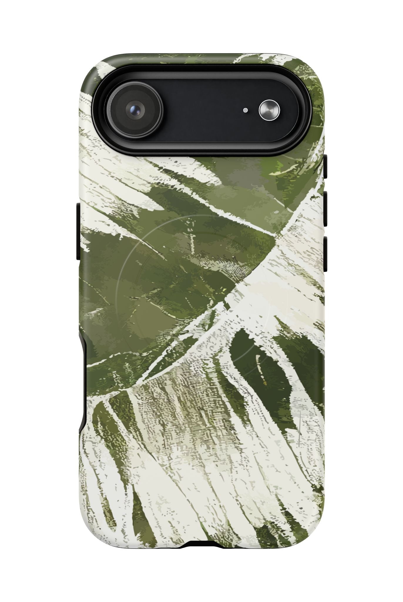 Woman holding Island Breeze MagSafe iPhone Case - Hawaiian Palm Leaf Olive Green Botanical Design - The Local Banyan