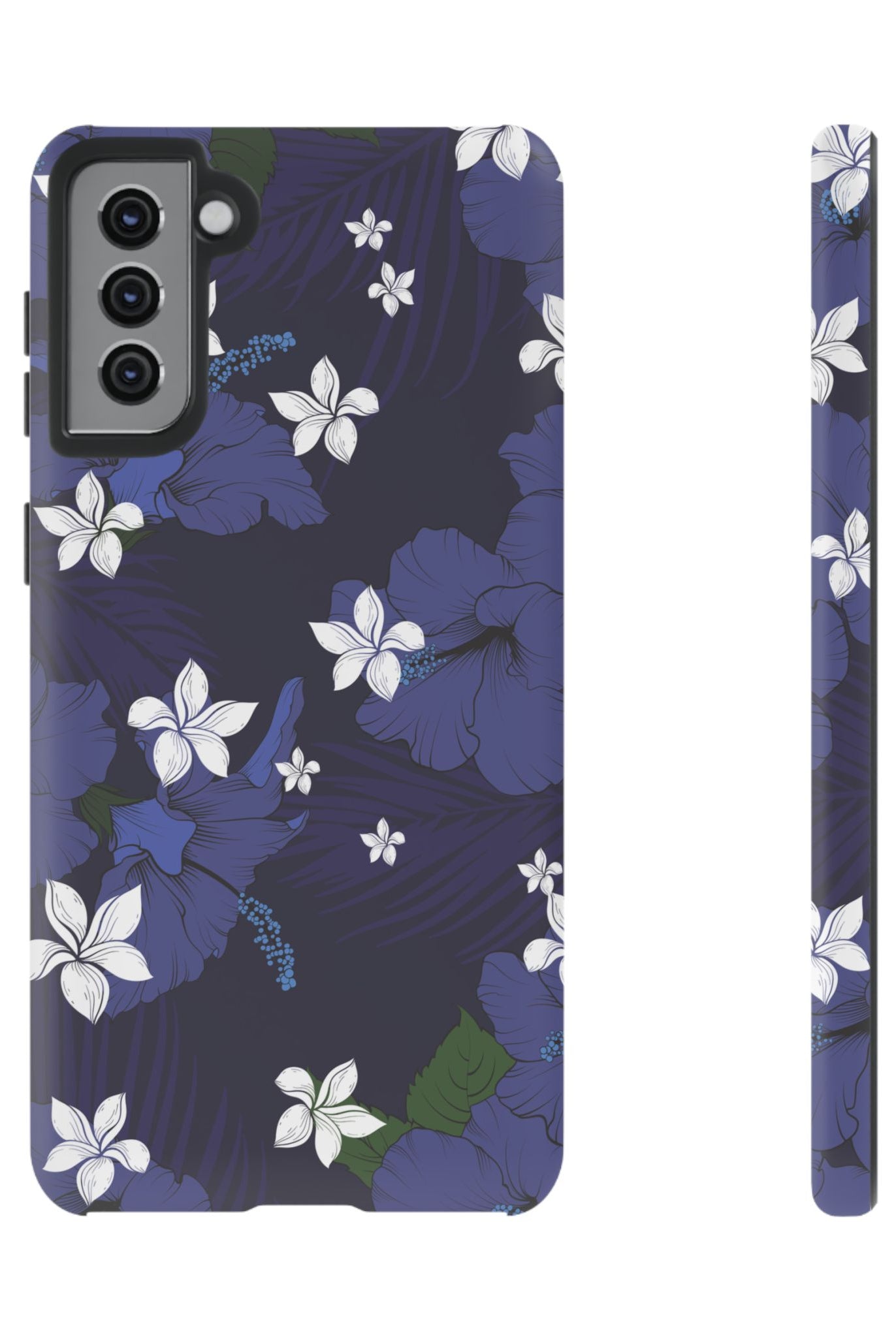 Vintage Blue Tough Samsung Galaxy Case Samsung Galaxy S21 Plus Matte - Hawaiian Indigo Hibiscus White Plumeria Design - The Local Banyan