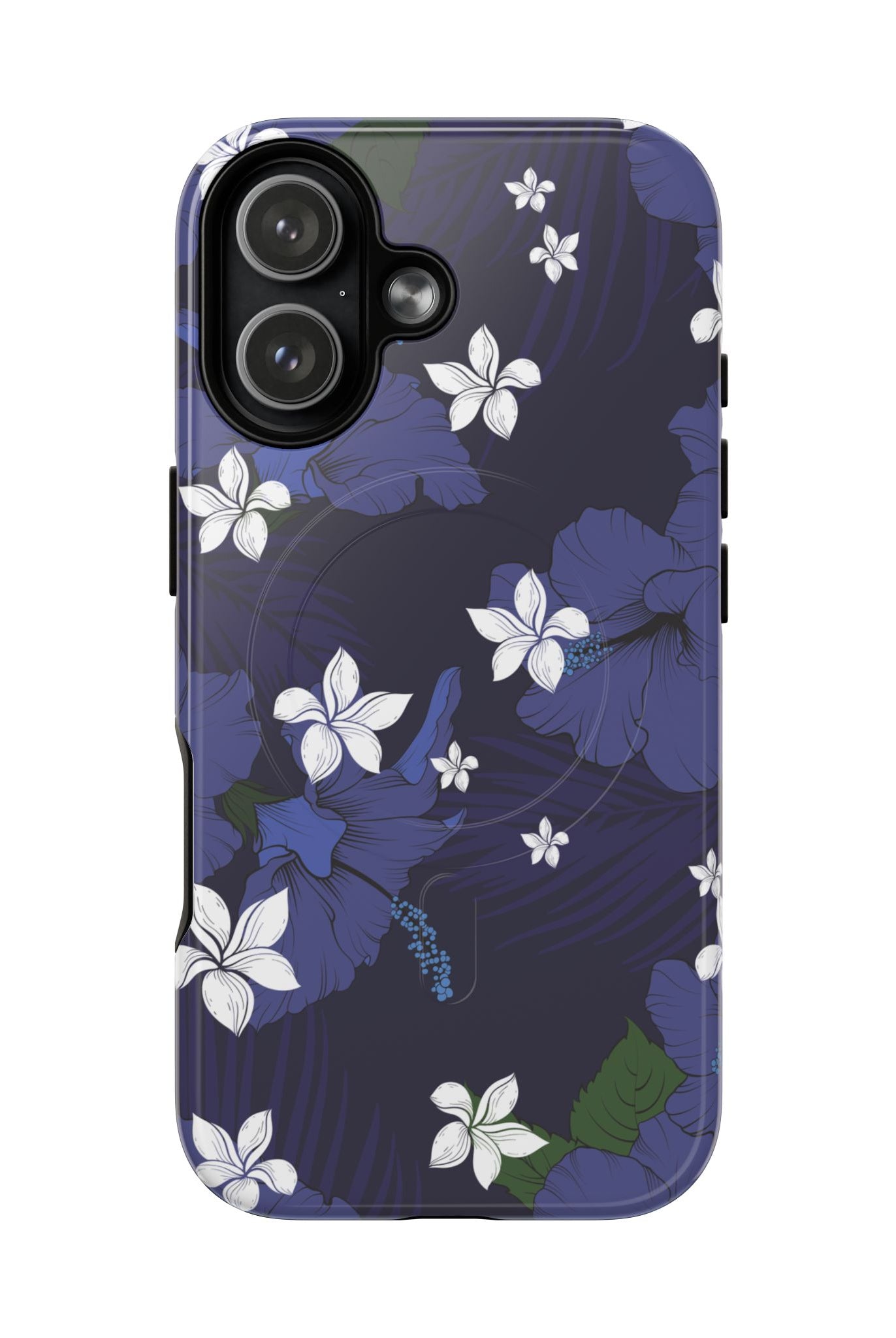 Vintage Blue MagSafe iPhone Case iPhone 17 Glossy - Hawaiian Indigo Hibiscus White Plumeria Design - The Local Banyan