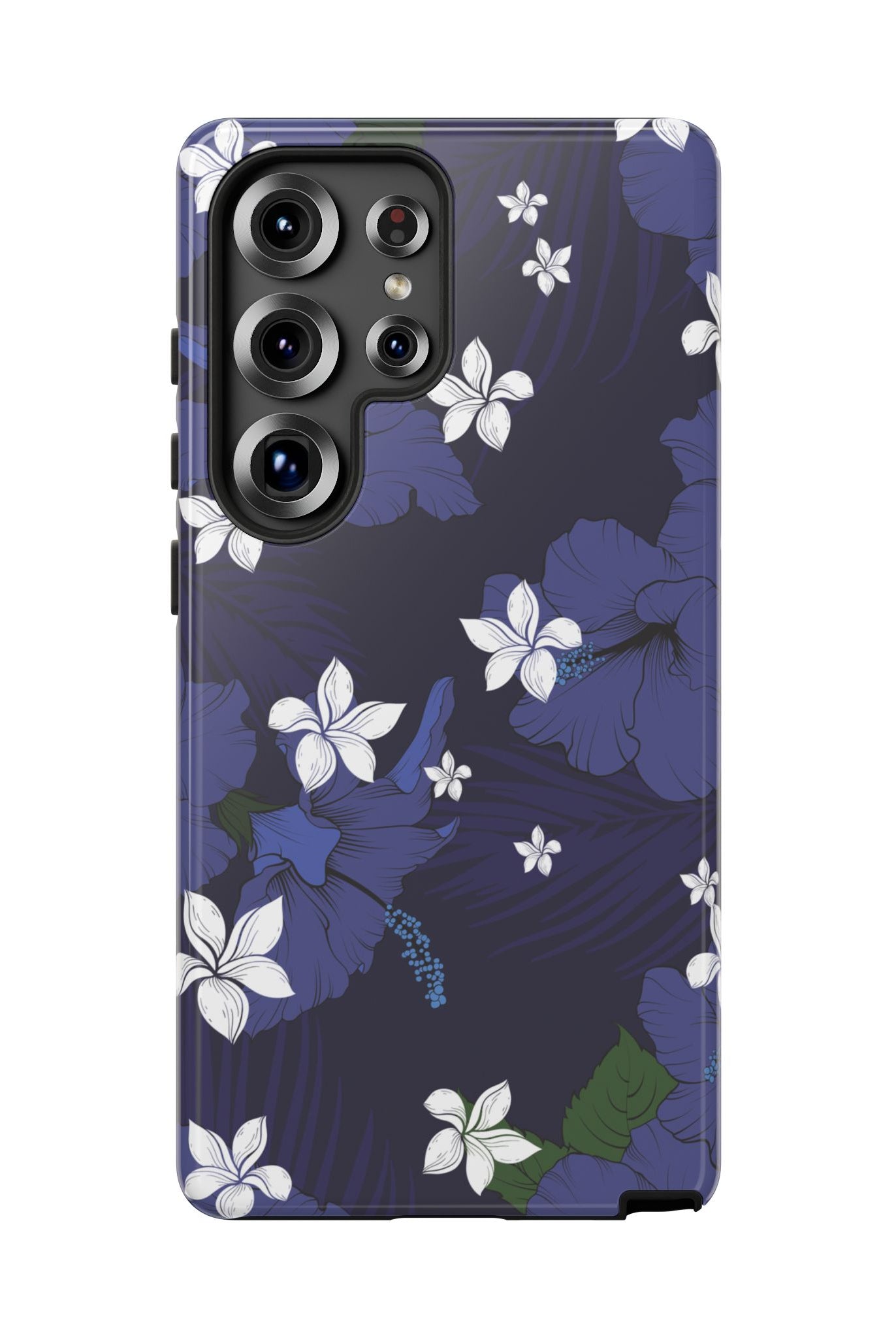 Woman holding Vintage Blue Tough Samsung Galaxy Case - Hawaiian Indigo Hibiscus White Plumeria Design - The Local Banyan