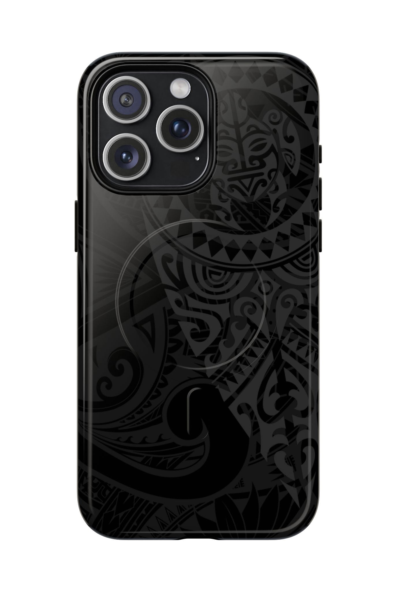 Tribal Guardian MagSafe iPhone Case iPhone 15 Pro Max Glossy - Hawaiian Black on Black Polynesian Tribal Design - The Local Banyan