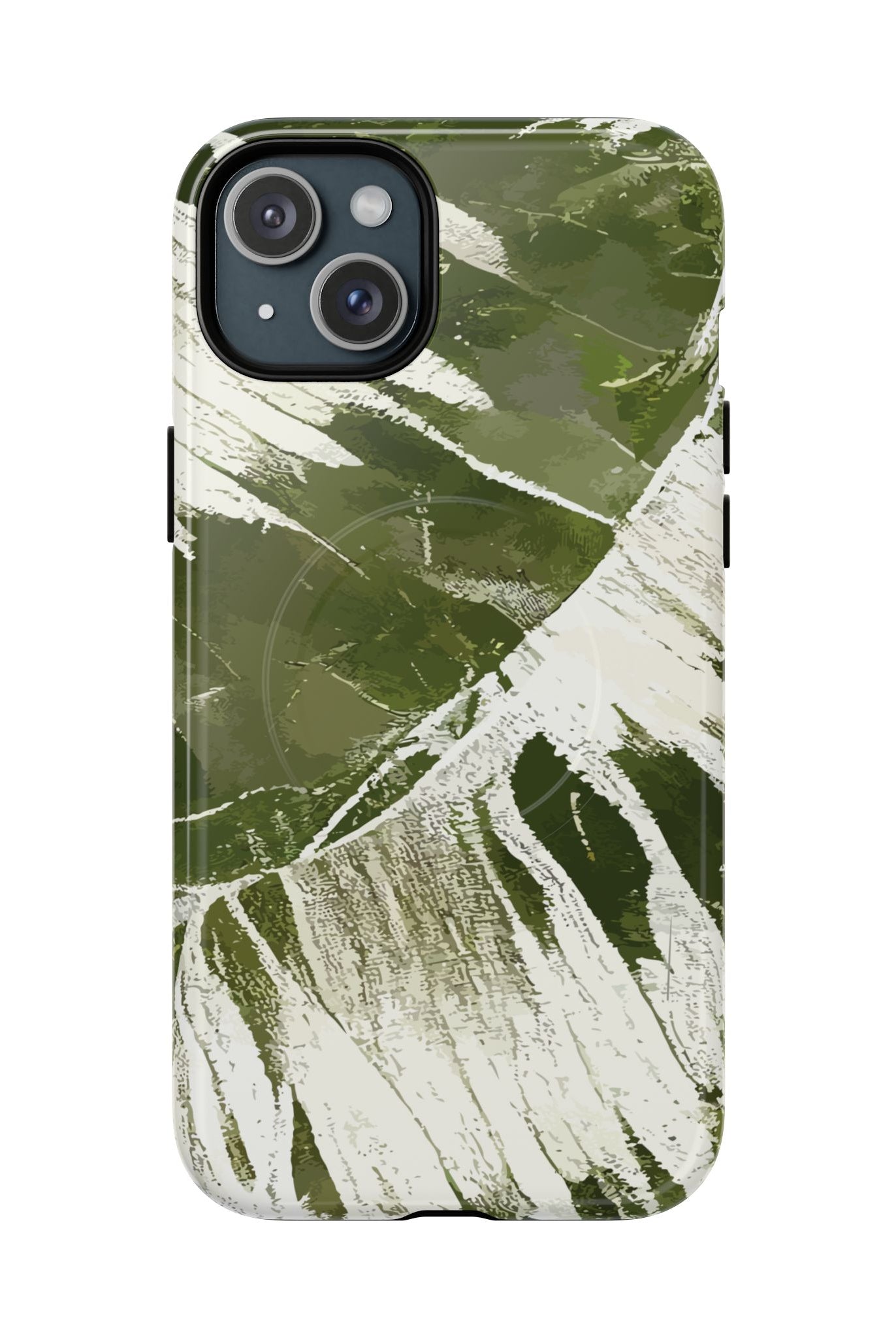Island Breeze MagSafe iPhone Case iPhone 15 Plus Glossy - Hawaiian Palm Leaf Olive Green Botanical Design - The Local Banyan