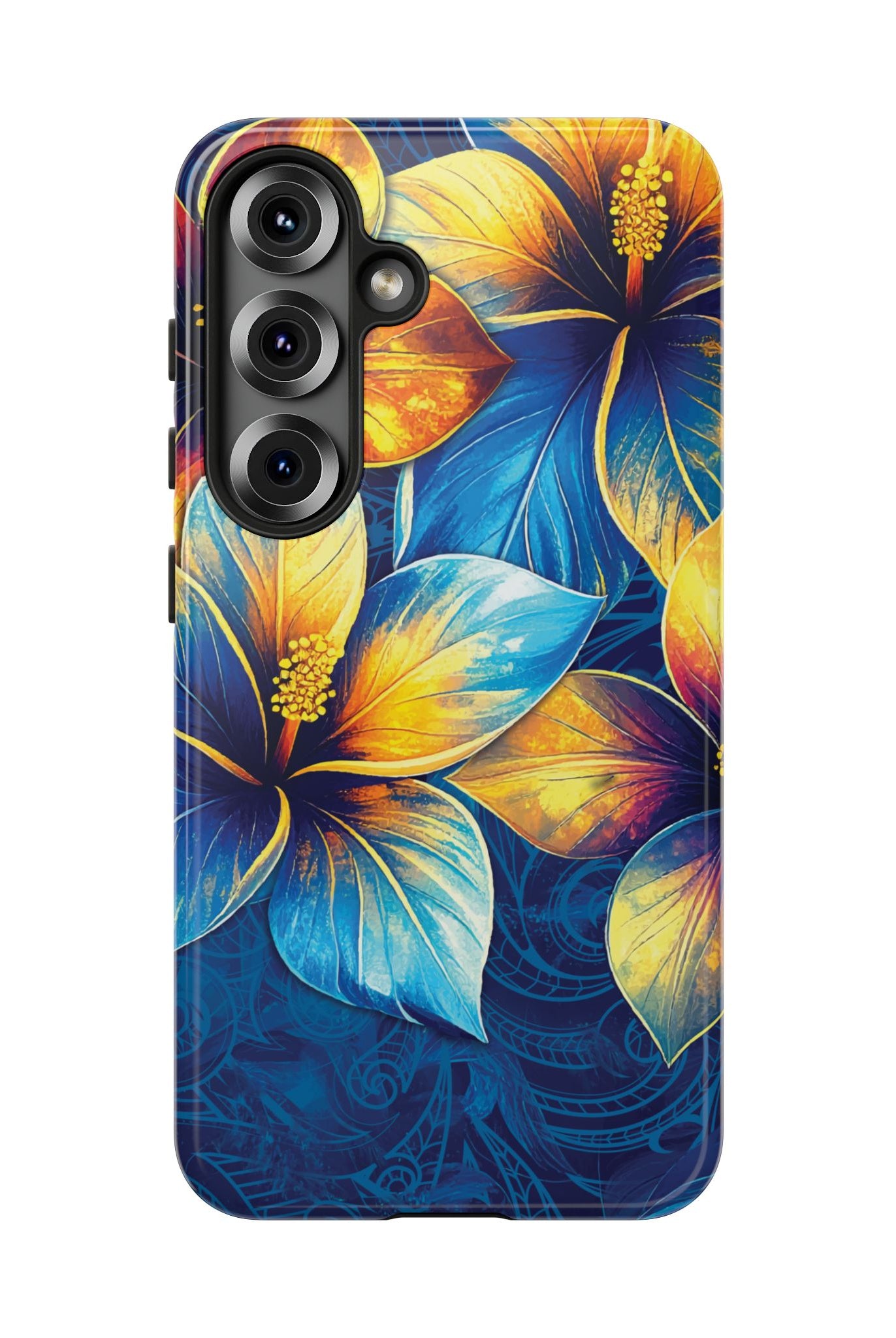 Woman holding Pua La Tough Samsung Galaxy Case - Hawaiian Golden Hibiscus Sun Flower Sapphire Design - The Local Banyan