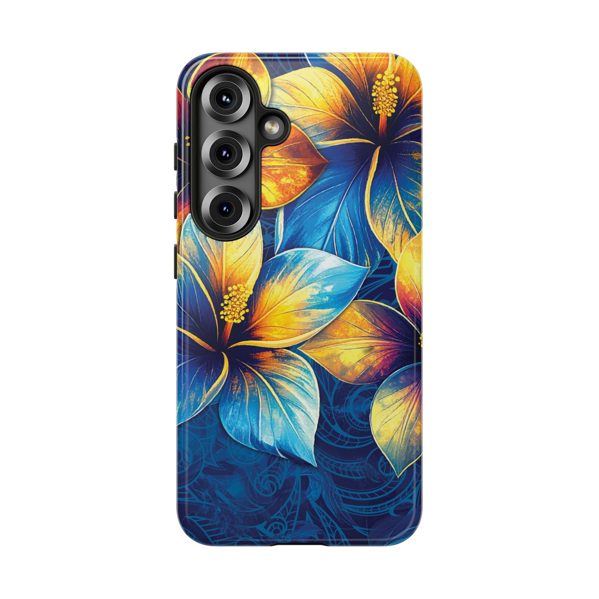 Woman holding Pua La Tough Samsung Galaxy Case - Hawaiian Golden Hibiscus Sun Flower Sapphire Design - The Local Banyan