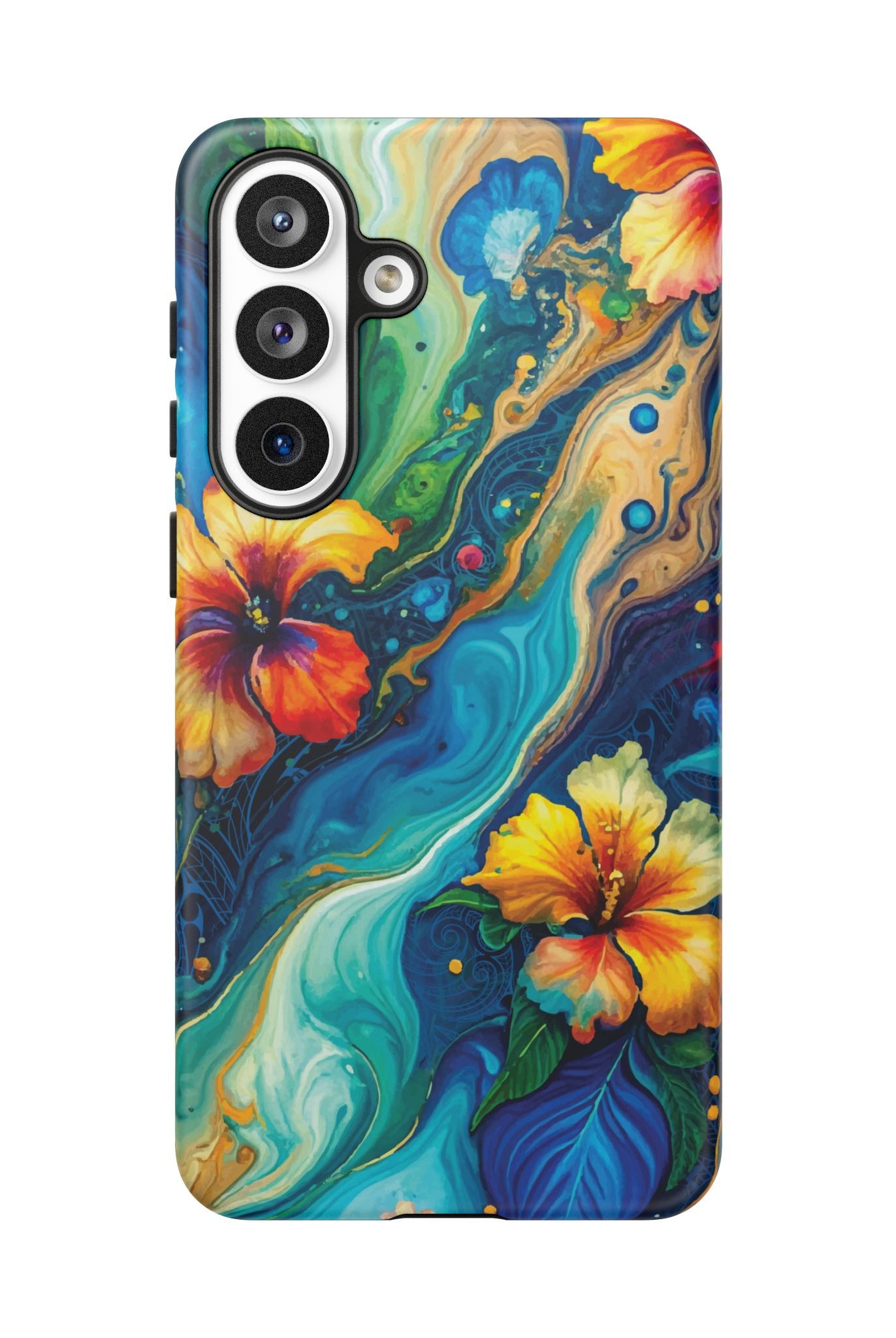 Aloalo Drift Tough Samsung Galaxy Case Detail View - Hawaiian Hibiscus Teal Ocean Wave Design Close Up - The Local Banyan