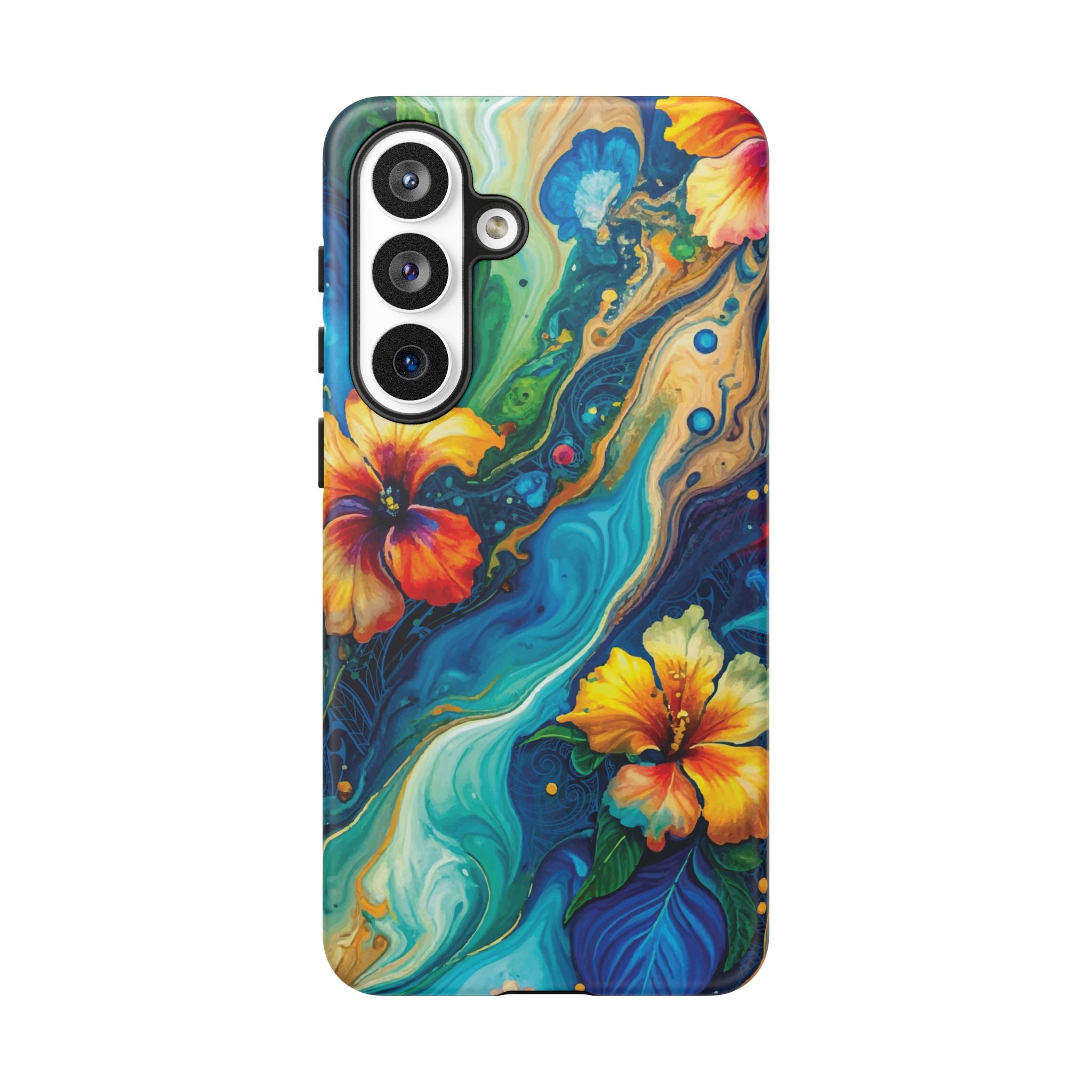 Aloalo Drift Tough Samsung Galaxy Case Detail View - Hawaiian Hibiscus Teal Ocean Wave Design Close Up - The Local Banyan