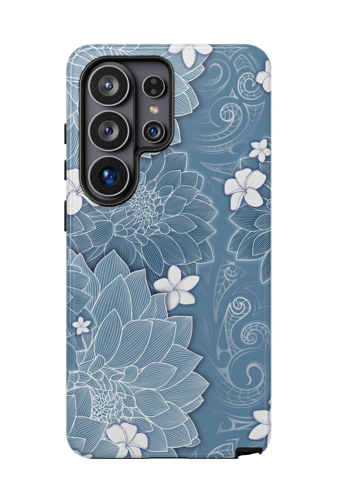 Woman holding Pua La Tough Samsung Galaxy Case - Hawaiian Golden Hibiscus Sun Flower Sapphire Design - The Local Banyan