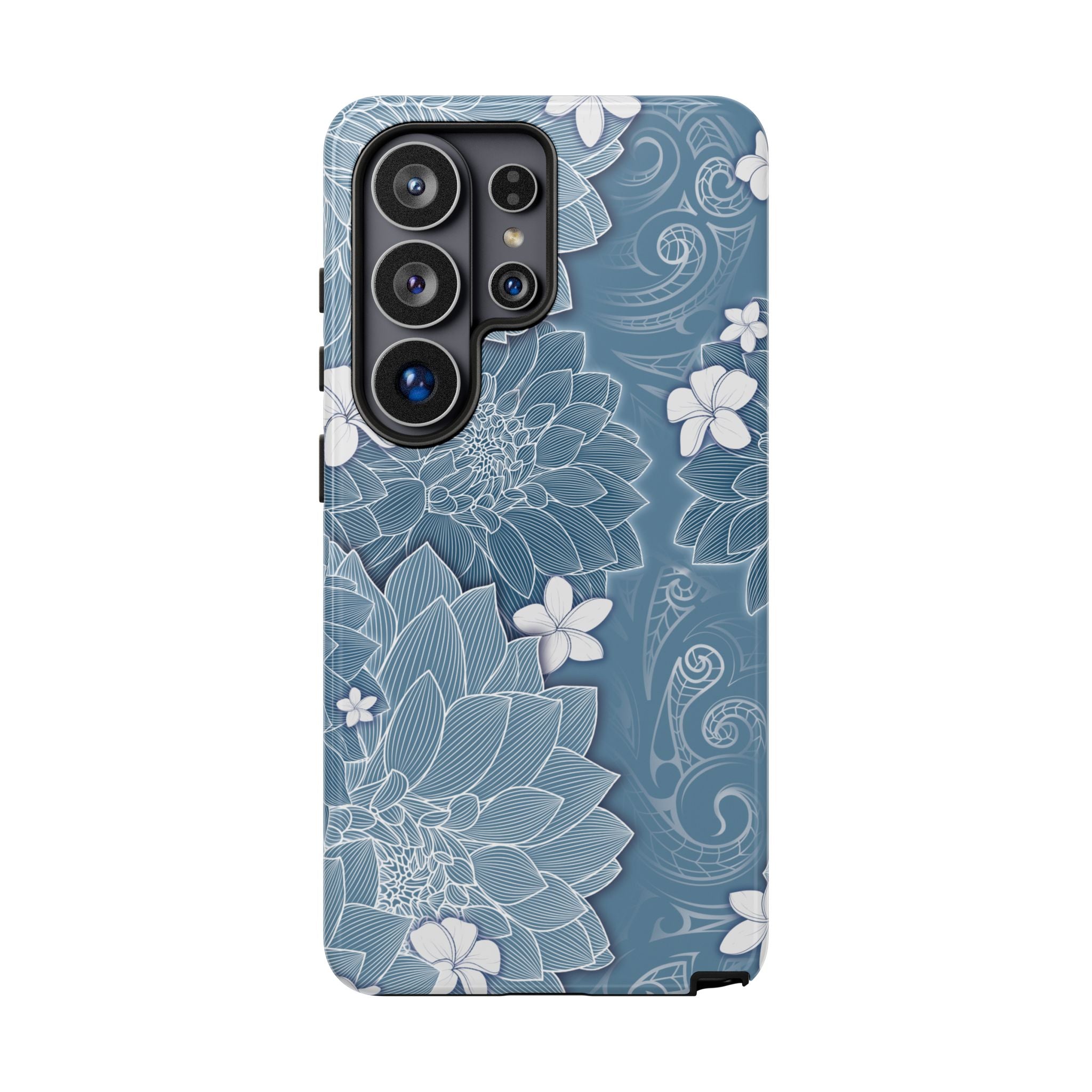 Woman holding Pua La Tough Samsung Galaxy Case - Hawaiian Golden Hibiscus Sun Flower Sapphire Design - The Local Banyan