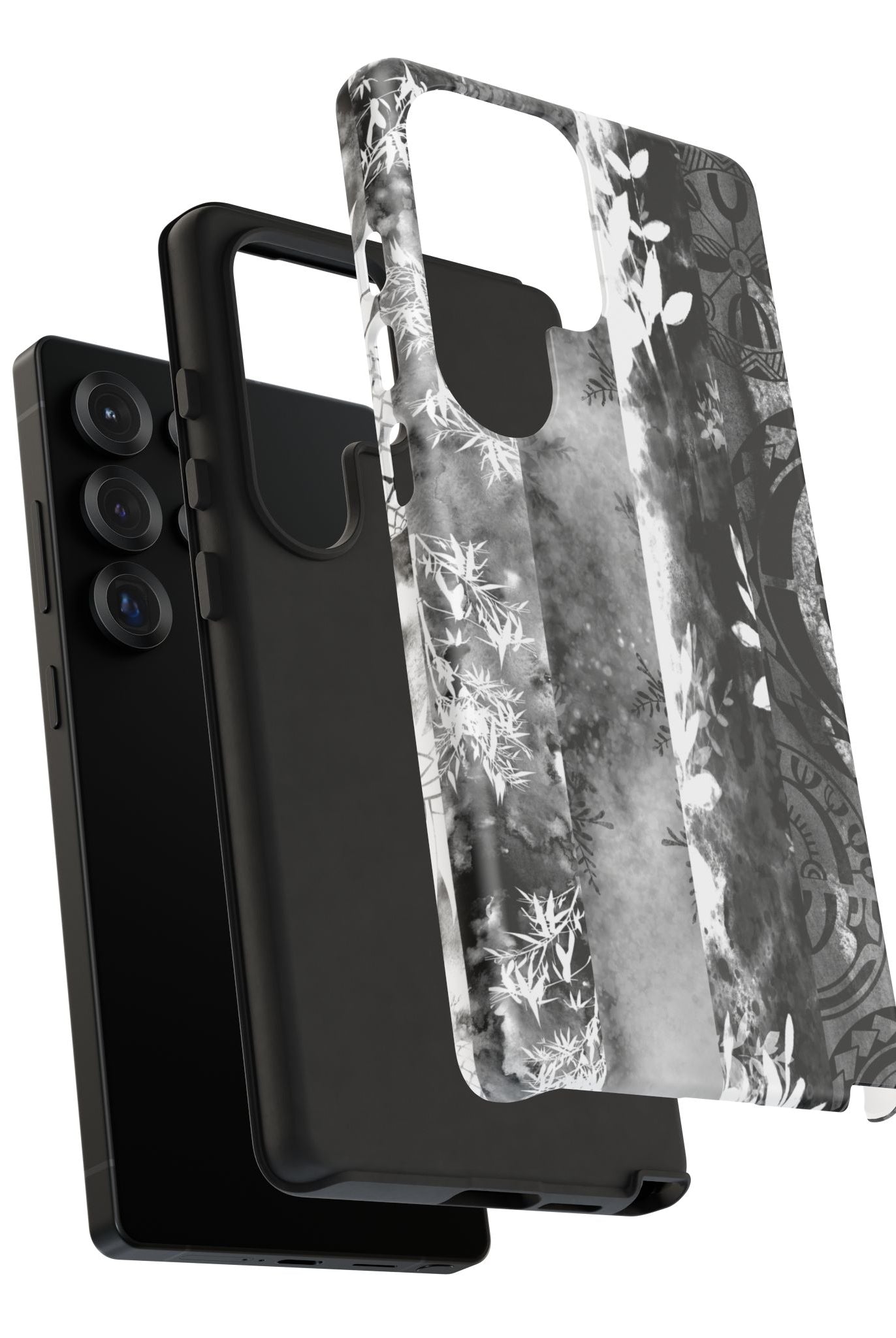 Woman holding Monochrome Oasis Tough Samsung Galaxy Case - Hawaiian Black White Botanical Tribal Design - The Local Banyan