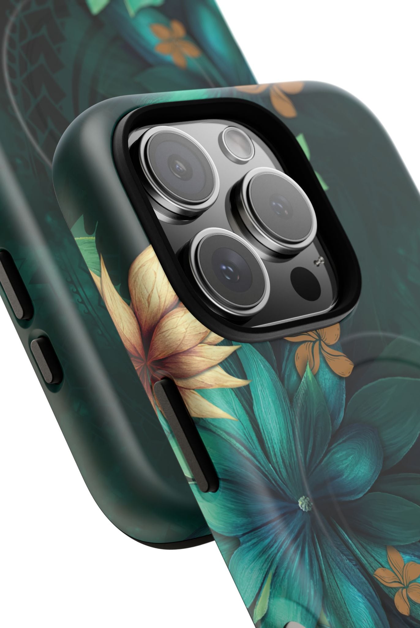 Aloha Whispers MagSafe iPhone Case Detail View - Hawaiian Abstract Green Floral Polynesian Design Close Up - The Local Banyan