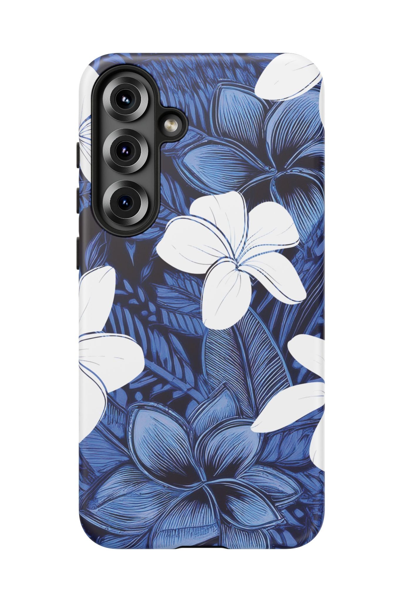 Eternal Blue Plumeria Tough Samsung Galaxy Case Side View - Dual Layer Drop Protection Hawaiian Phone Case - The Local Banyan