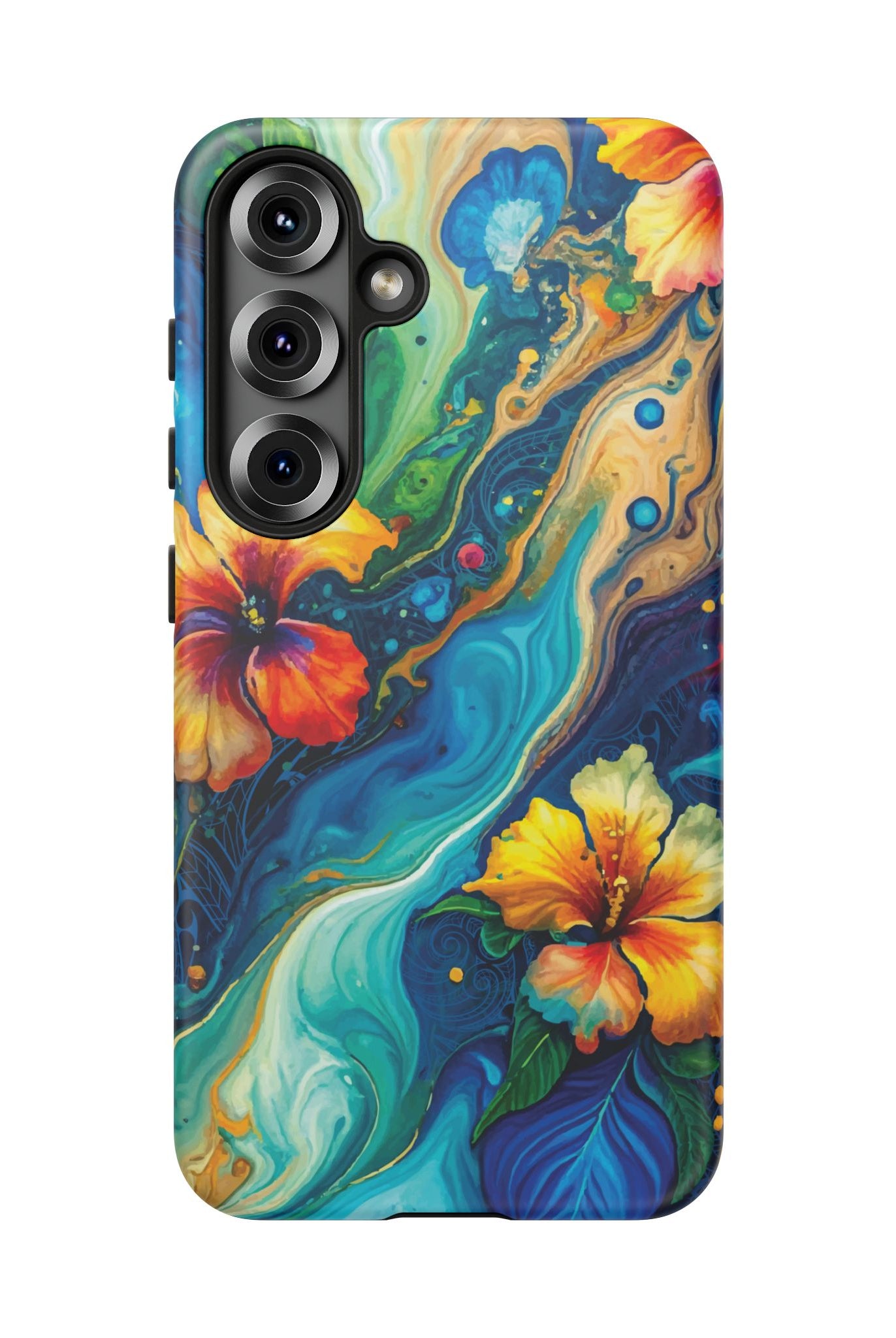 Woman holding Aloalo Drift Tough Samsung Galaxy Case - Hawaiian Hibiscus Teal Ocean Wave Design - The Local Banyan