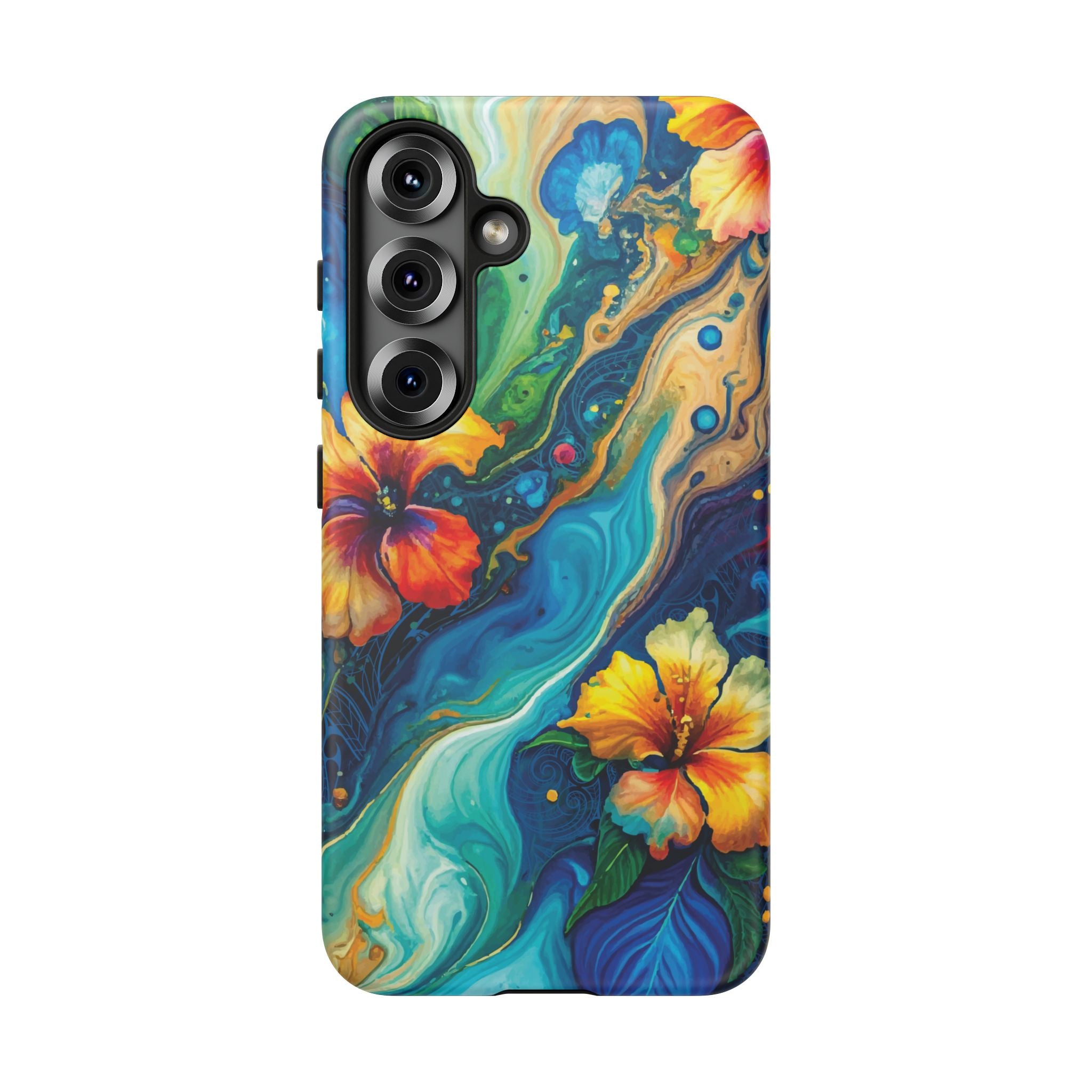 Woman holding Aloalo Drift Tough Samsung Galaxy Case - Hawaiian Hibiscus Teal Ocean Wave Design - The Local Banyan