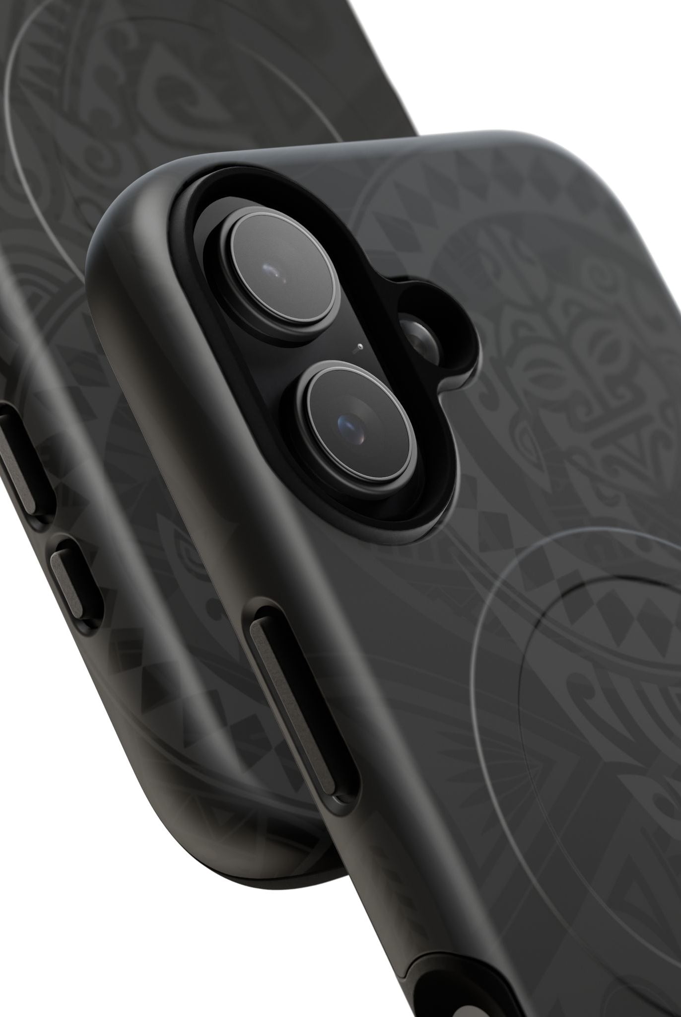 Tribal Guardian MagSafe iPhone Case Detail View - Hawaiian Black on Black Polynesian Tribal Design Close Up - The Local Banyan