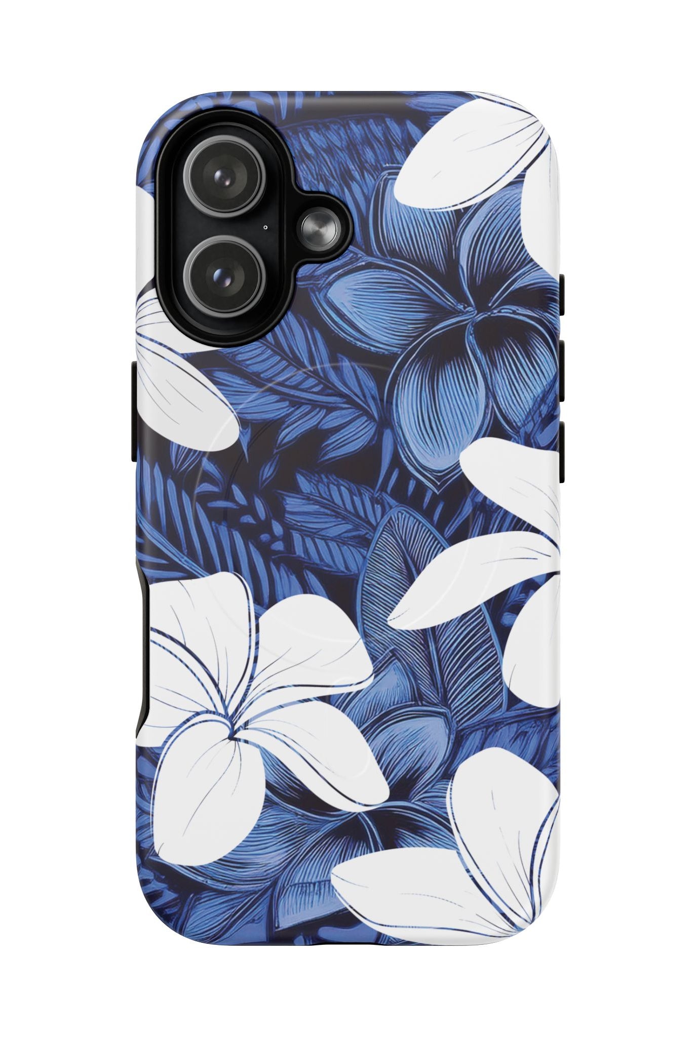 Eternal Blue Plumeria MagSafe iPhone Case Side View - Dual Layer Drop Protection Hawaiian Phone Case - The Local Banyan