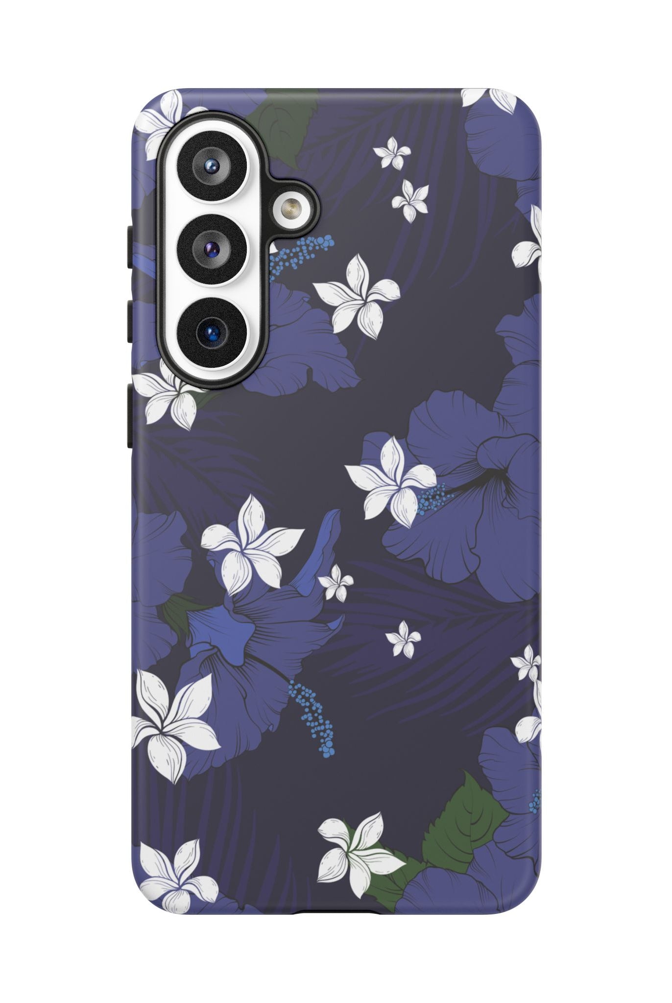 Vintage Blue Tough Samsung Galaxy Case Detail View - Hawaiian Indigo Hibiscus White Plumeria Design Close Up - The Local Banyan