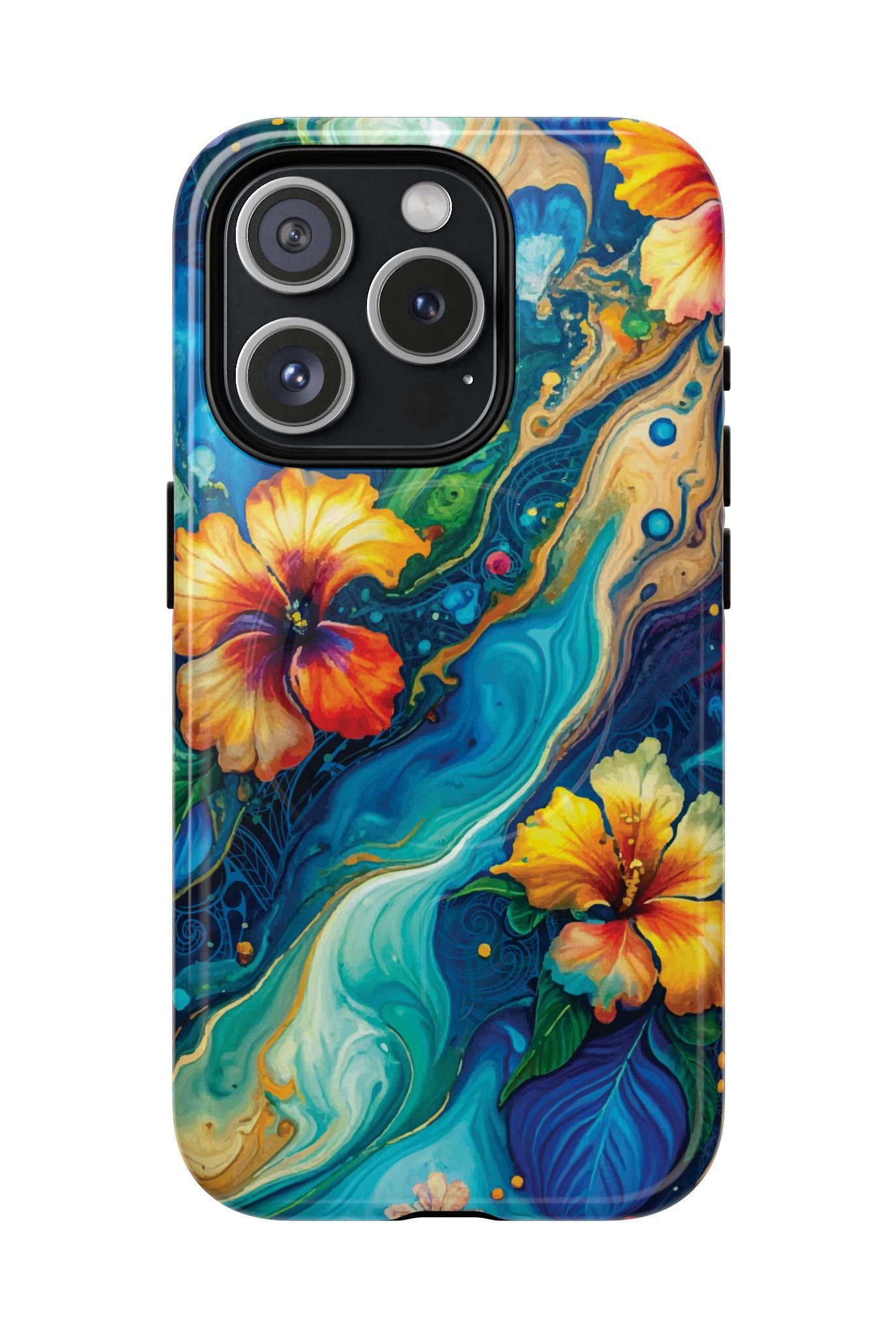 Aloalo Drift MagSafe iPhone Case iPhone 15 Pro Glossy - Hawaiian Hibiscus Teal Ocean Wave Design - The Local Banyan