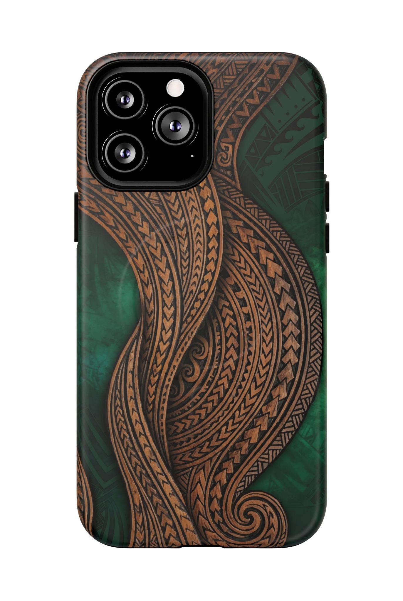 Woman holding Island Kalai MagSafe iPhone Case - Hawaiian Carved Wood Grain Emerald Green Tribal Design - The Local Banyan