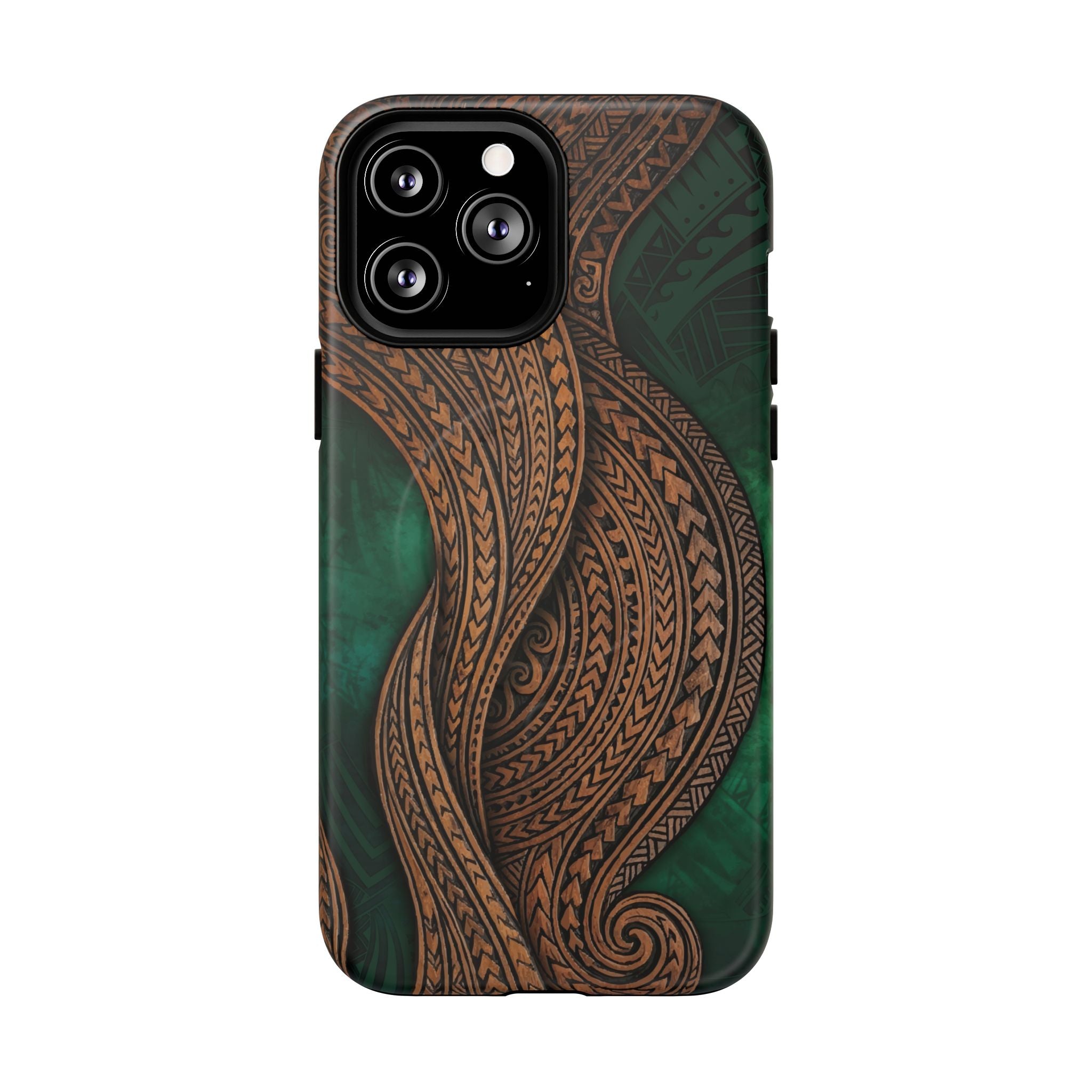 Woman holding Island Kalai MagSafe iPhone Case - Hawaiian Carved Wood Grain Emerald Green Tribal Design - The Local Banyan