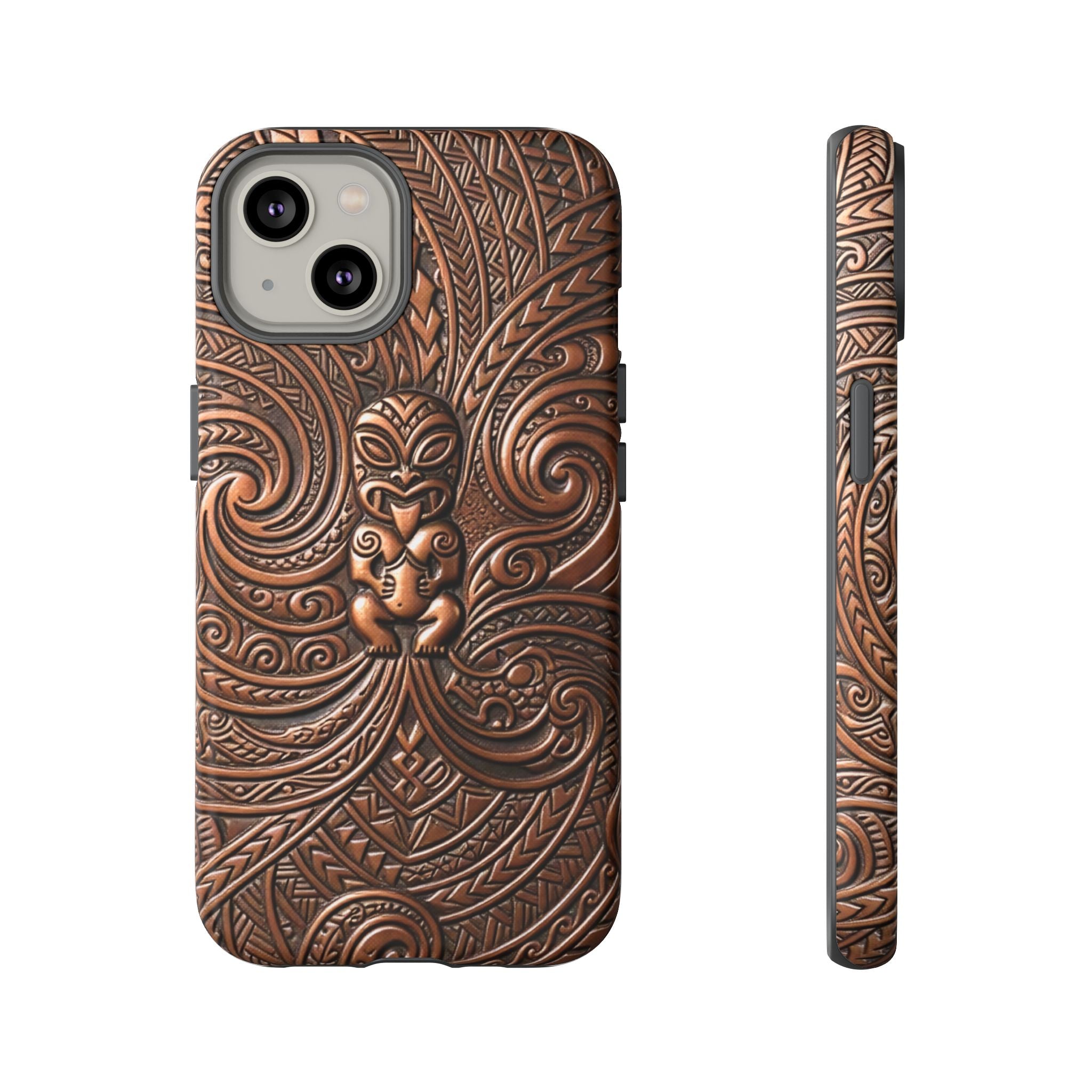 Woman holding Paa Guardian Tough iPhone Case - Hawaiian Copper Carved Tiki Polynesian Design - The Local Banyan