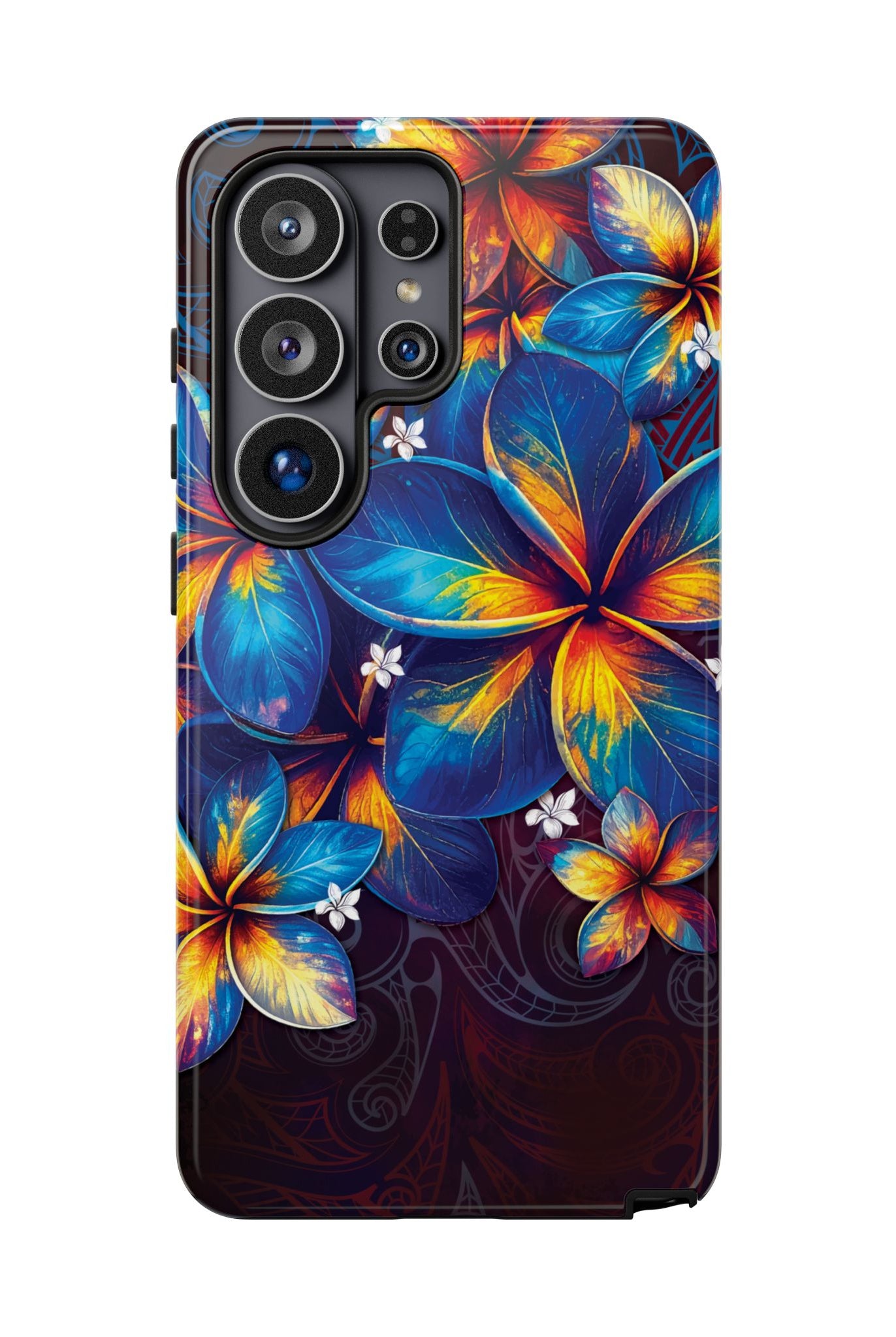 Nohea Twilight Tough Samsung Galaxy Case Detail View - Hawaiian Blue Orange Plumeria Twilight Design Close Up - The Local Banyan