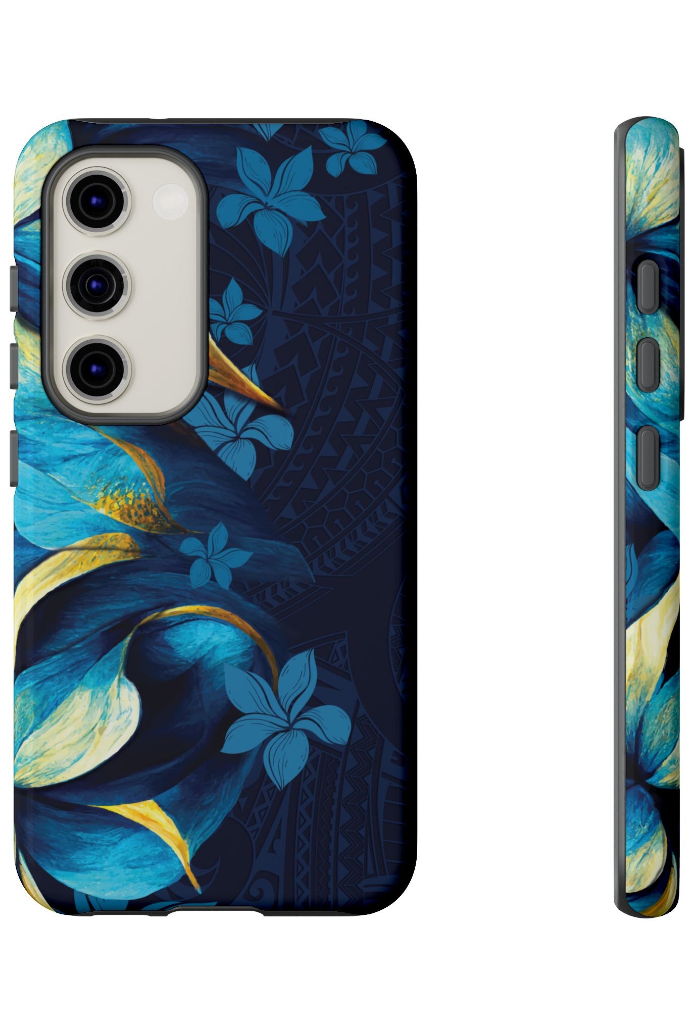 Woman holding Po Mahina Tough Samsung Galaxy Case - Hawaiian Moonlit Teal Gold Floral Design - The Local Banyan