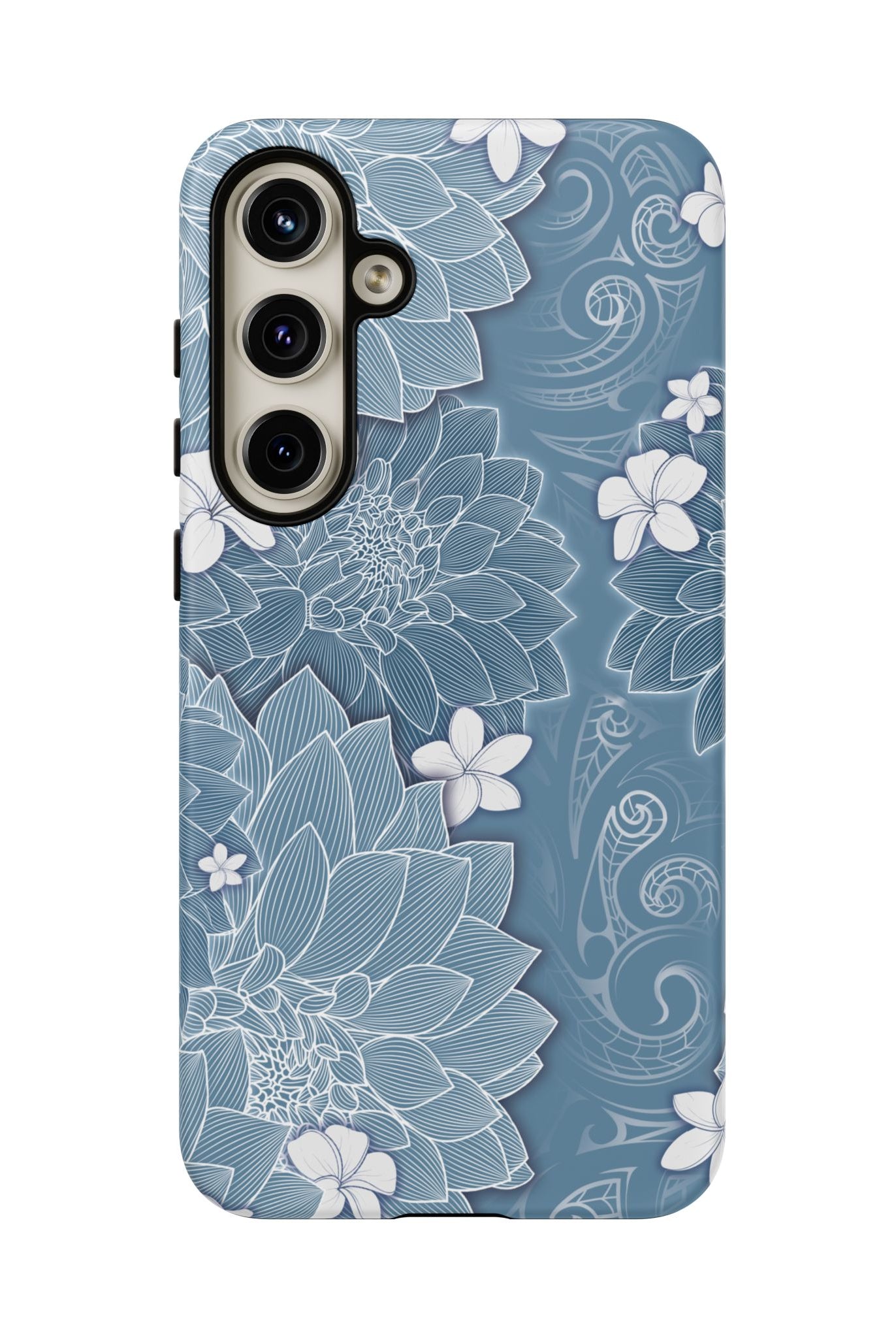 Woman holding Pua La Tough Samsung Galaxy Case - Hawaiian Golden Hibiscus Sun Flower Sapphire Design - The Local Banyan