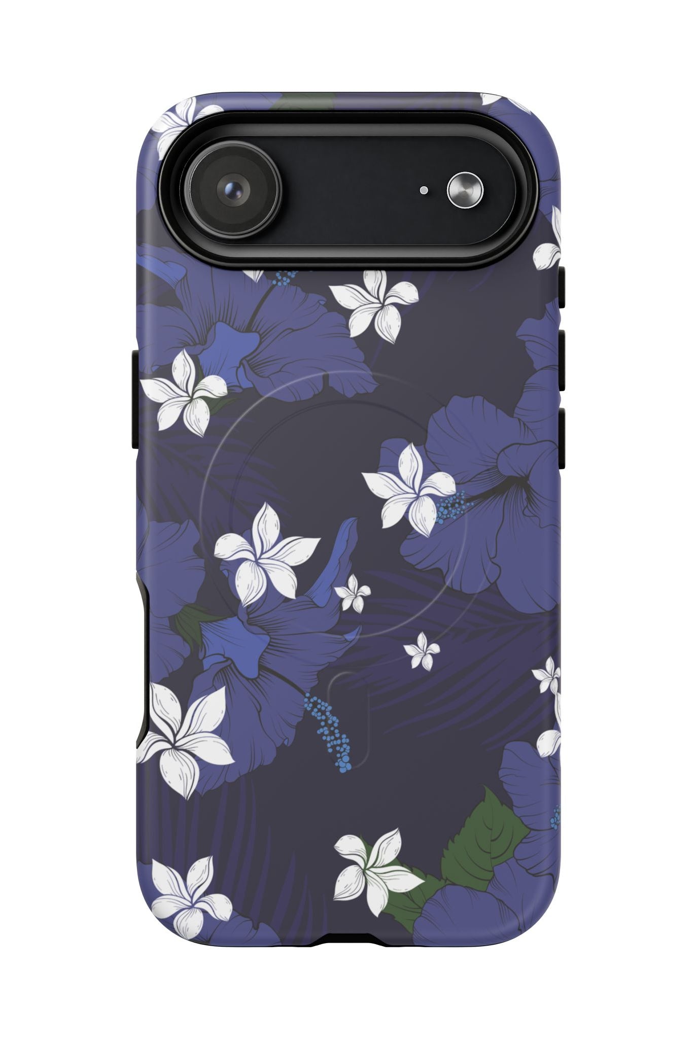 Woman holding Vintage Blue MagSafe iPhone Case - Hawaiian Indigo Hibiscus White Plumeria Design - The Local Banyan