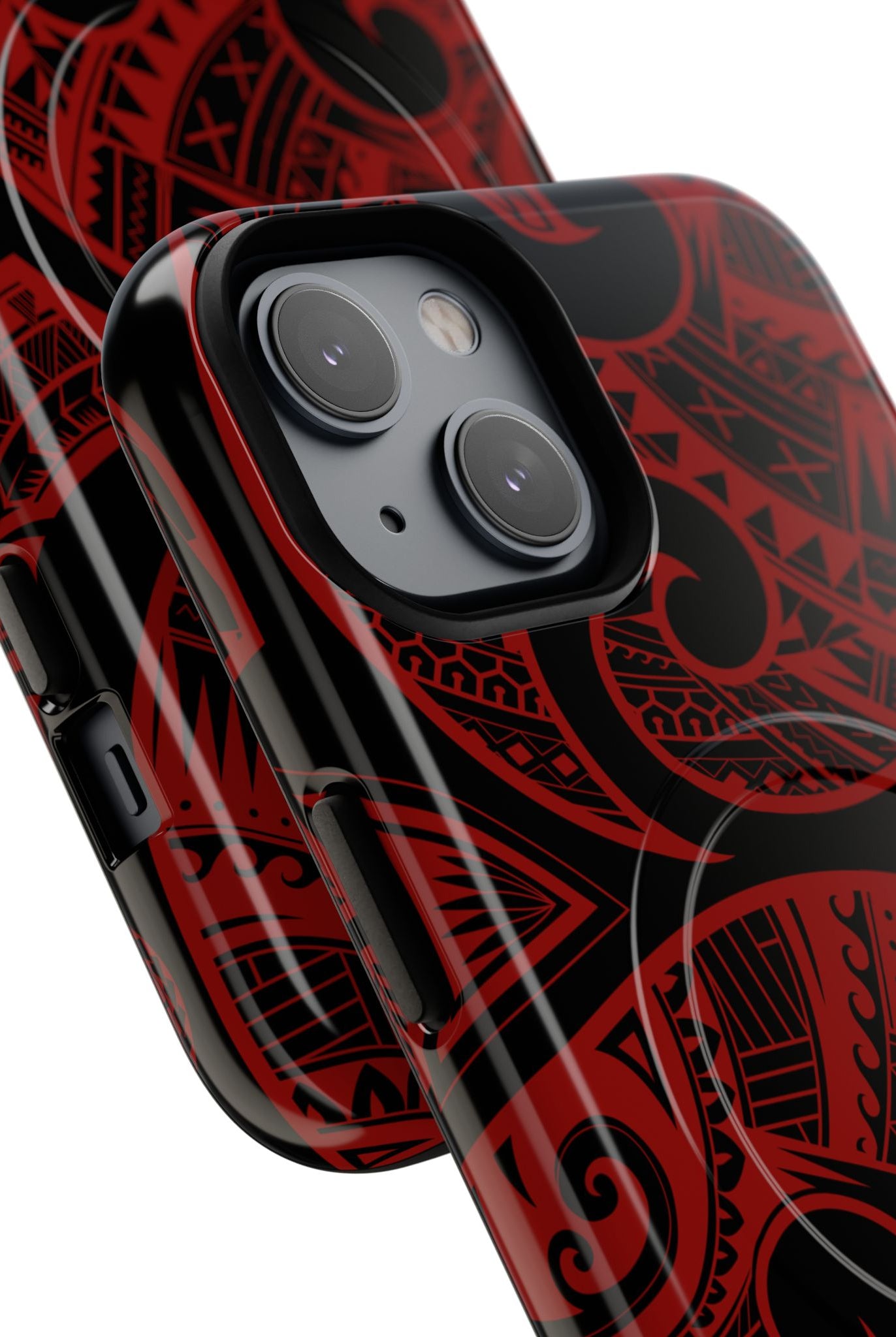 Woman holding Island Tribal MagSafe iPhone Case - Hawaiian Crimson Red Polynesian Tribal Design - The Local Banyan